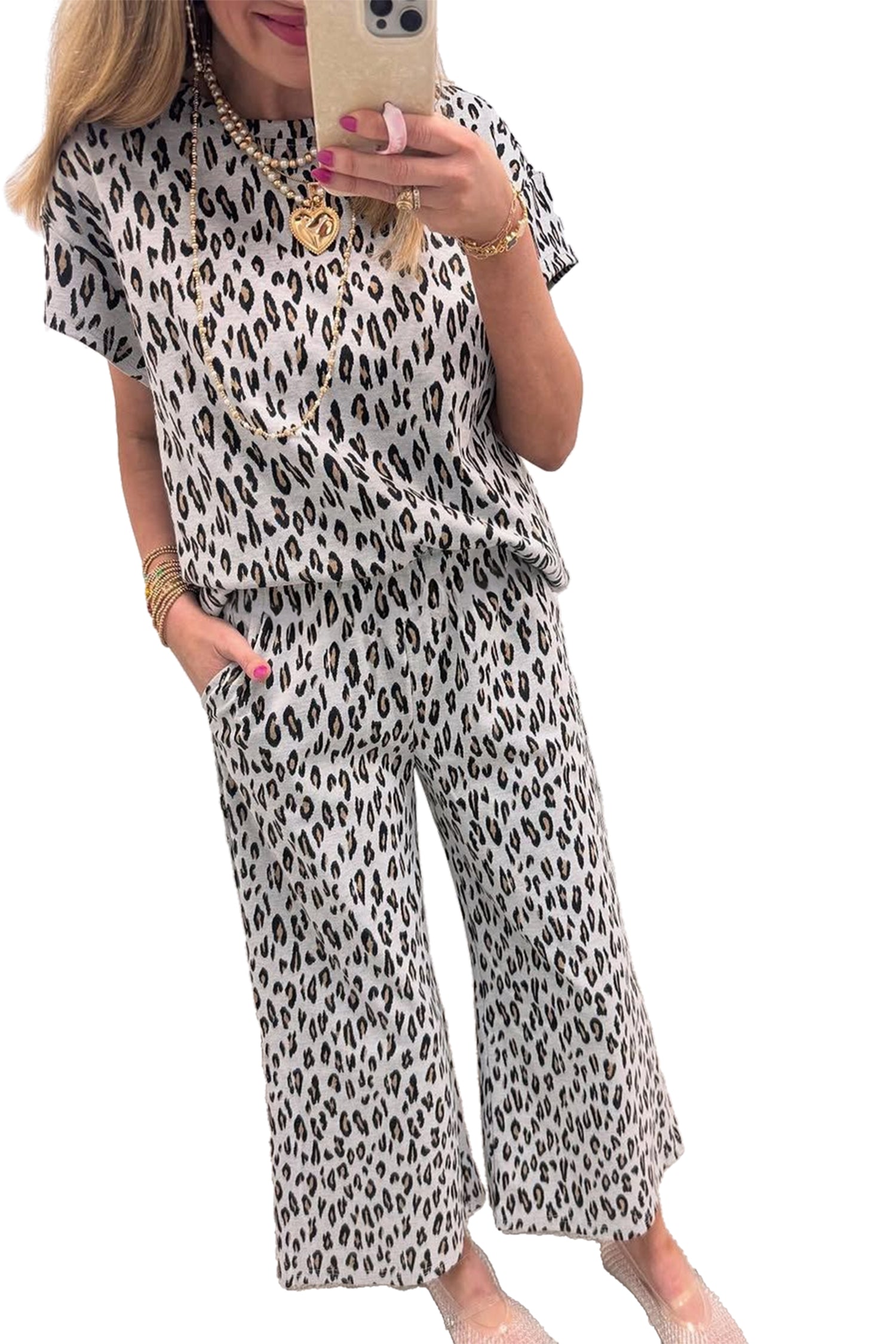 Beige Leopard Print Casual Tee and Pants 2pcs Outfit-Two Piece Sets/Pant Sets-[Adult]-[Female]-2022 Online Blue Zone Planet
