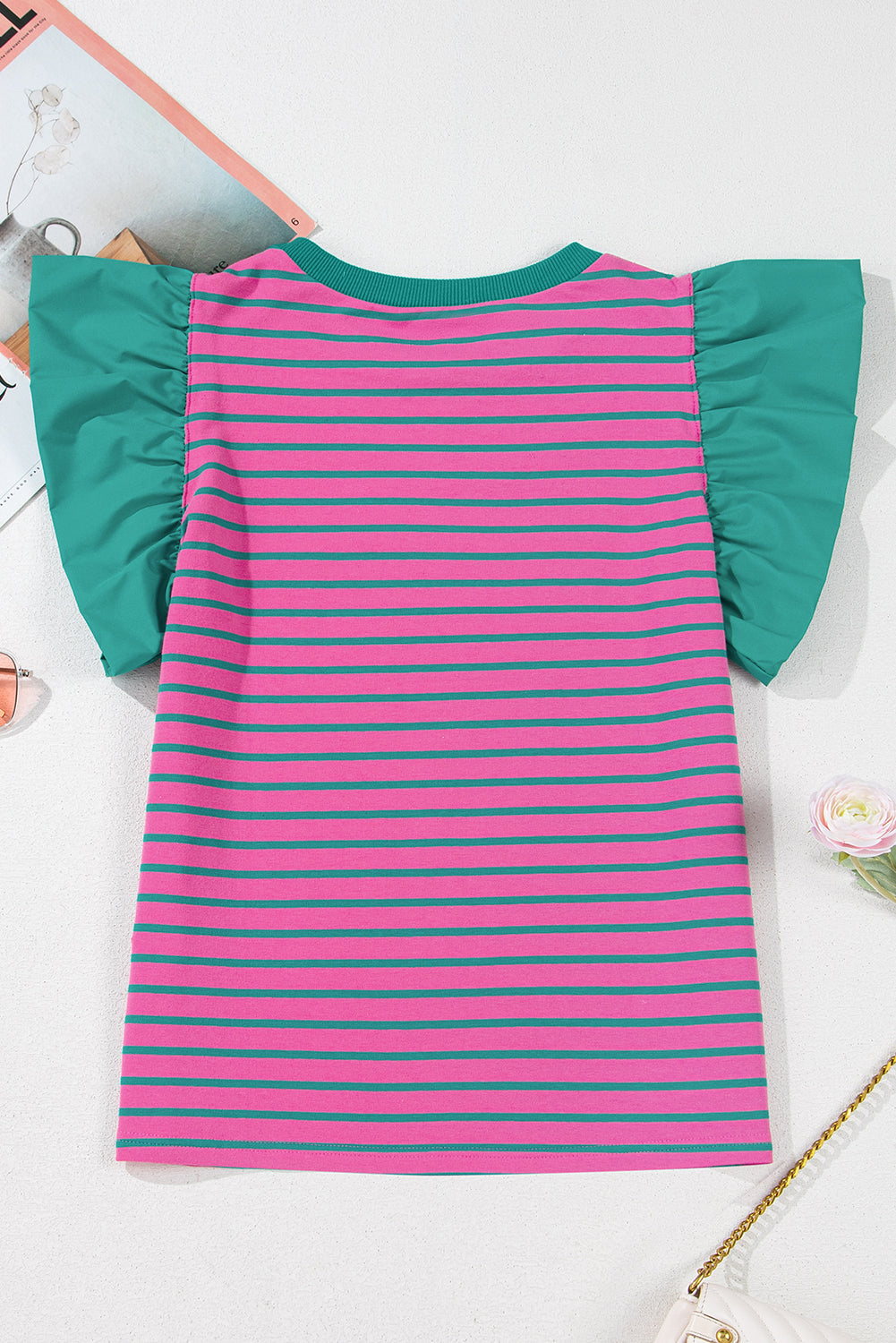 Pink Stripe Colorblock Ruffled Sleeve Crew Neck Blouse-Blouses-[Adult]-[Female]-2022 Online Blue Zone Planet