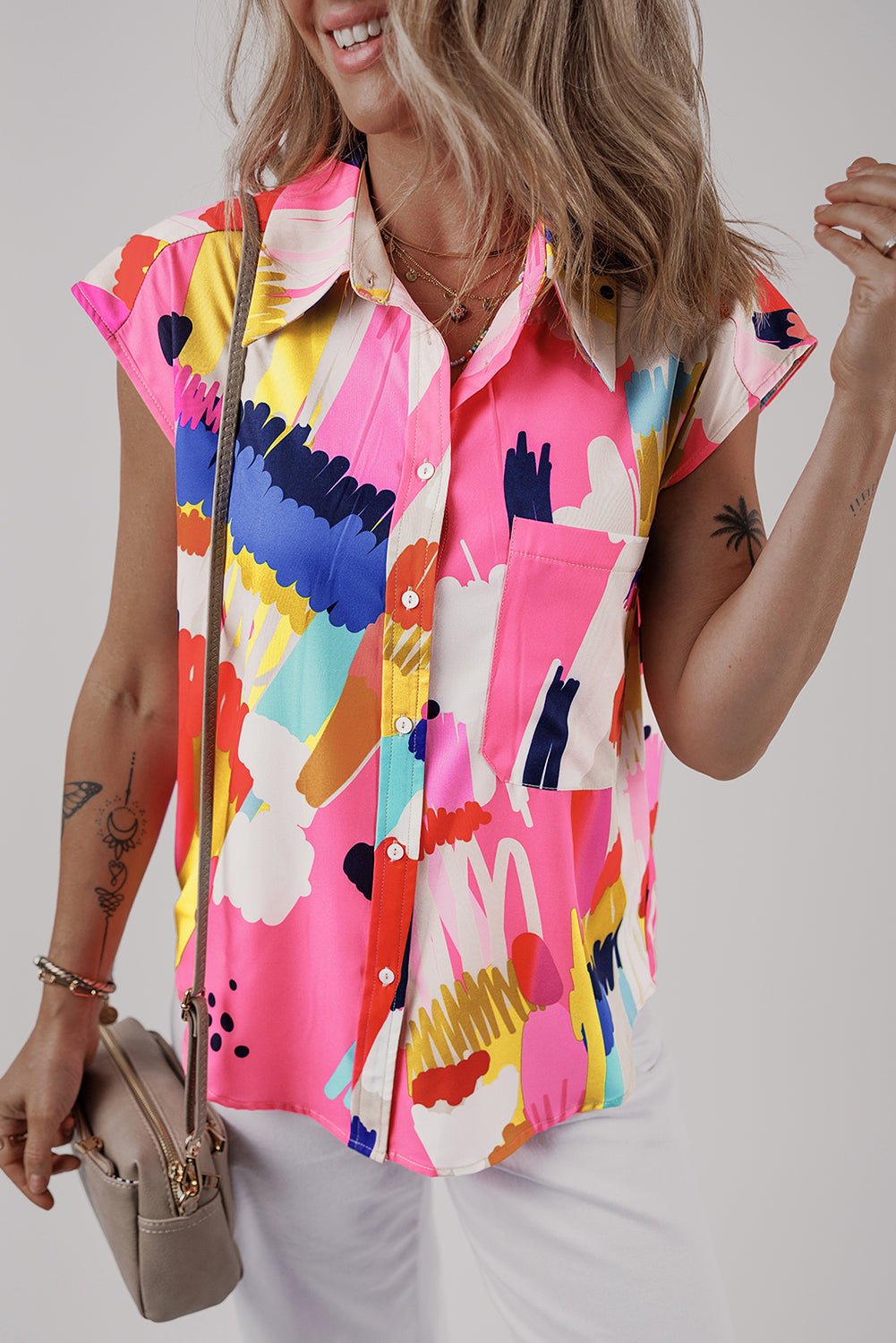 Multicolour Abstract Print Collared Cap Sleeve Casual Shirt-Tops/Blouses & Shirts-[Adult]-[Female]-2022 Online Blue Zone Planet