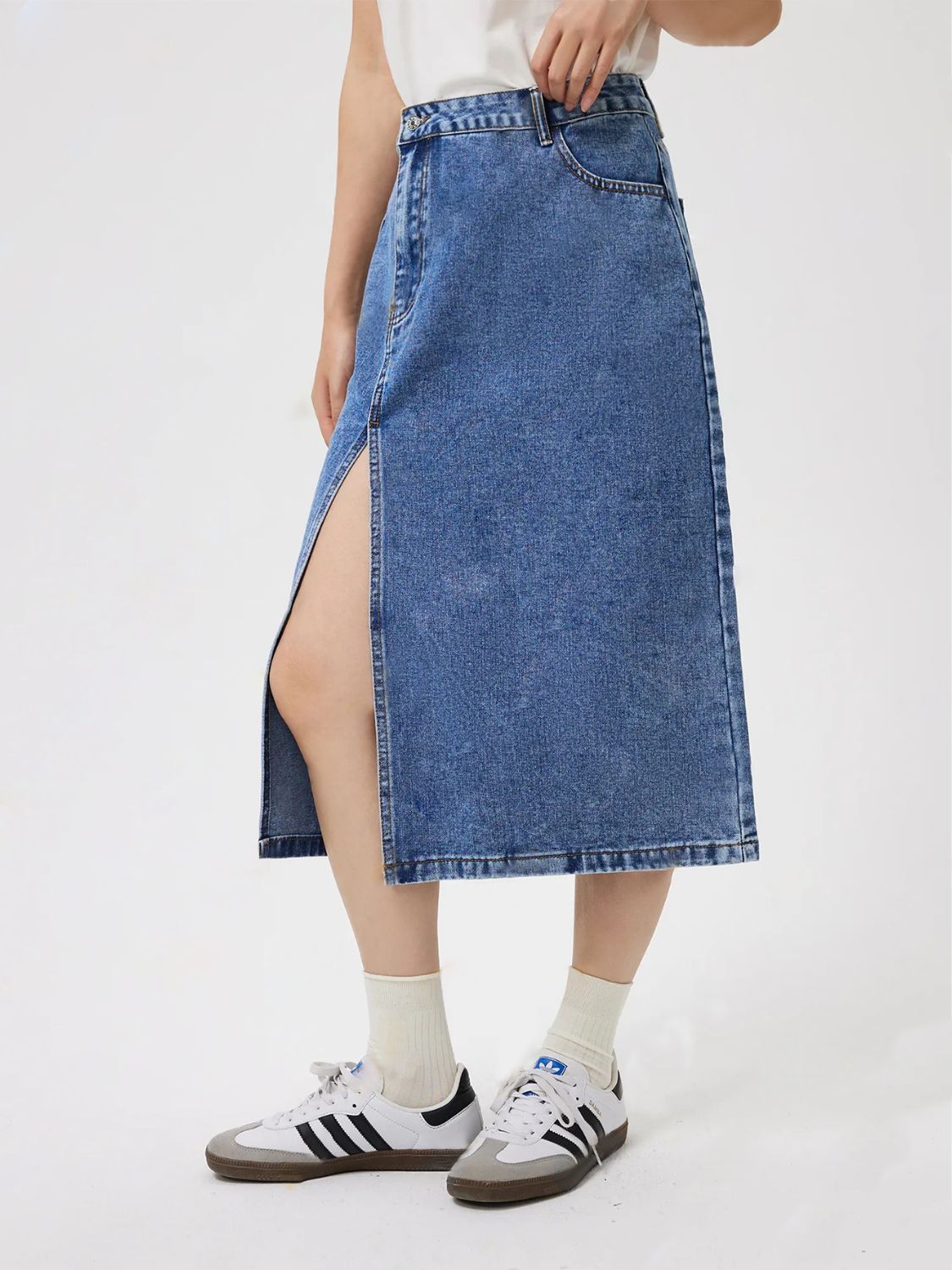 Slit Midi Denim Skirt with Pockets-BOTTOMS SIZES SMALL MEDIUM LARGE-[Adult]-[Female]-2022 Online Blue Zone Planet