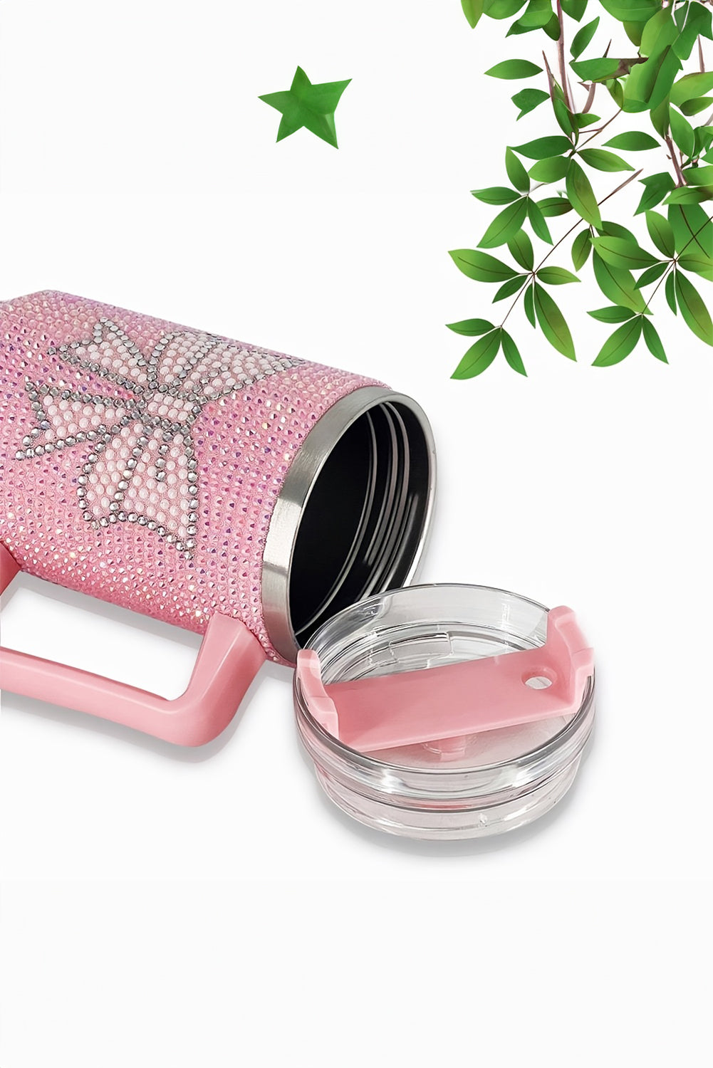 Pink Sweet Rhinestone Bow Tumbler Cup with Straw and Handle-Cups-[Adult]-[Female]-Pink-ONE SIZE-2022 Online Blue Zone Planet