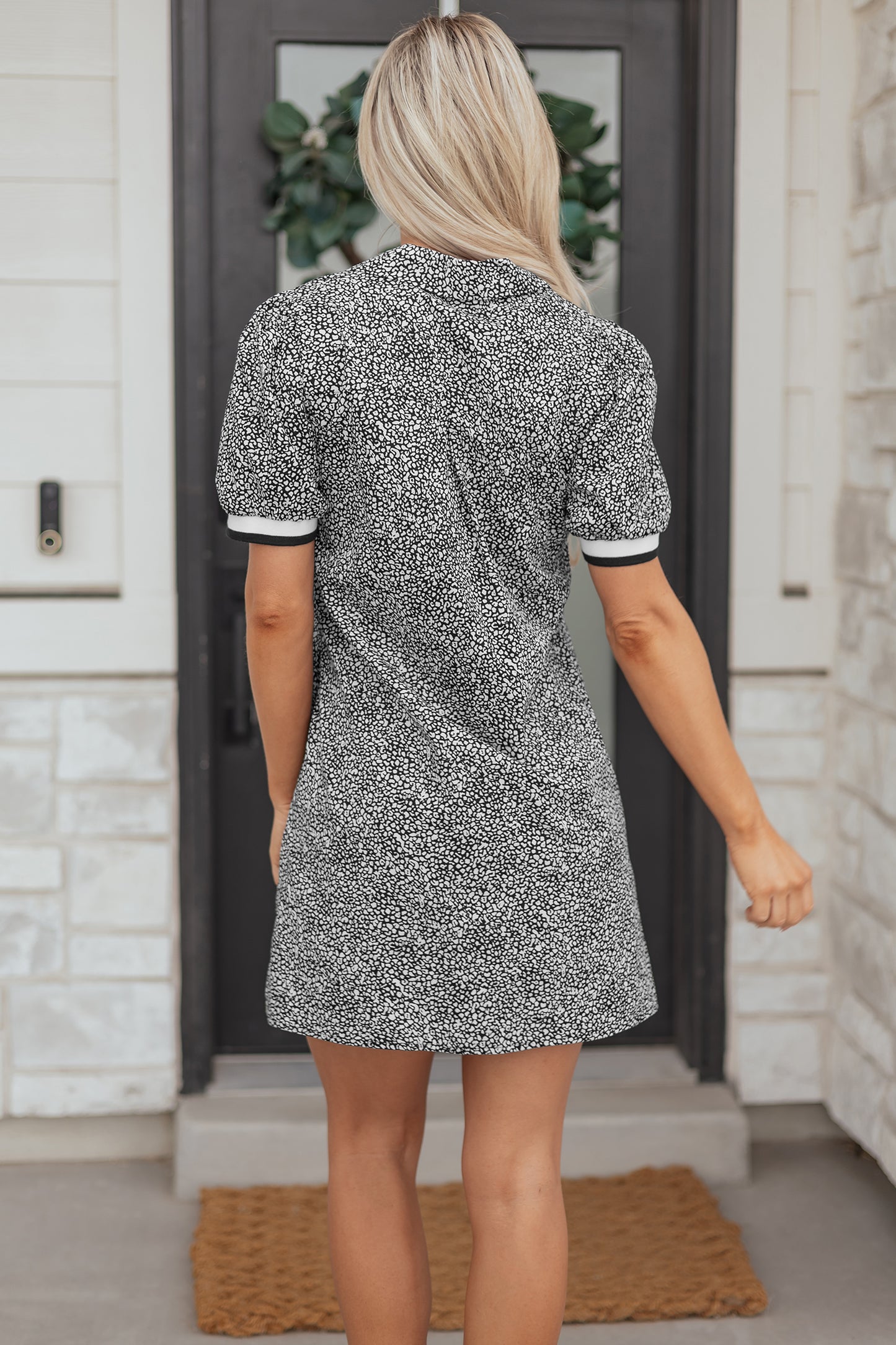 Black Leopard Print Contrast Striped Trim Polo Collar Short Sleeve Dress with Pockets-TOPS / DRESSES-[Adult]-[Female]-2022 Online Blue Zone Planet
