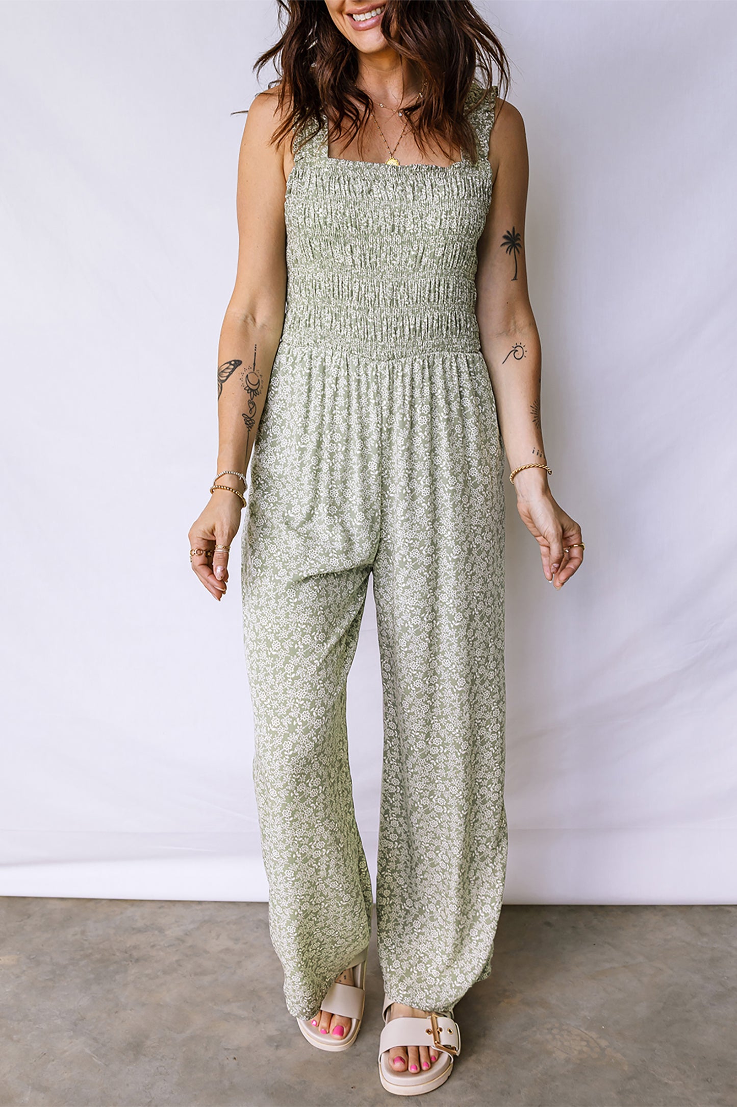 Green Smocked Bodice Square Neck Sleeveless Floral Jumpsuit-Bottoms/Jumpsuits & Rompers-[Adult]-[Female]-2022 Online Blue Zone Planet