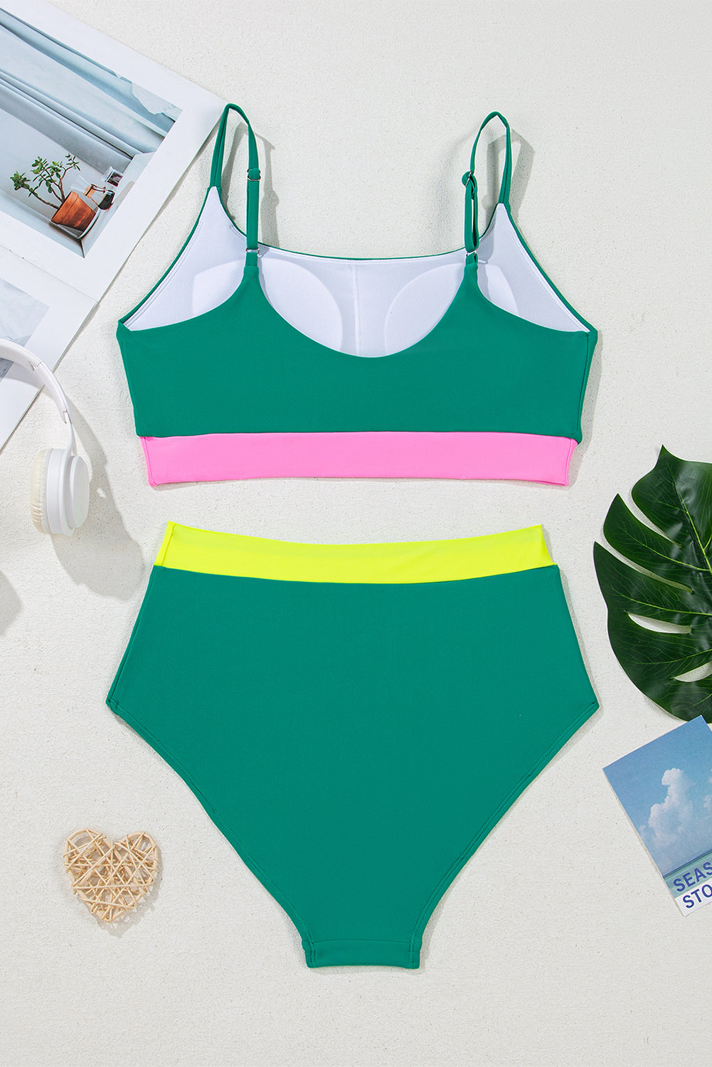 Sea Green Contrast Trim Colorblock High-Waisted Bikini Swimwear-Bikini Sets-[Adult]-[Female]-2022 Online Blue Zone Planet