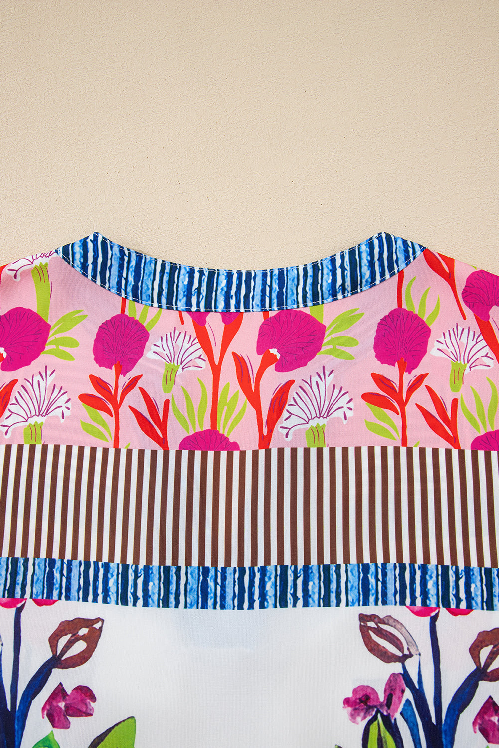 Pink Floral Striped Patchwork Short Sleeve Split Neck Blouse-Tops/Blouses & Shirts-[Adult]-[Female]-2022 Online Blue Zone Planet
