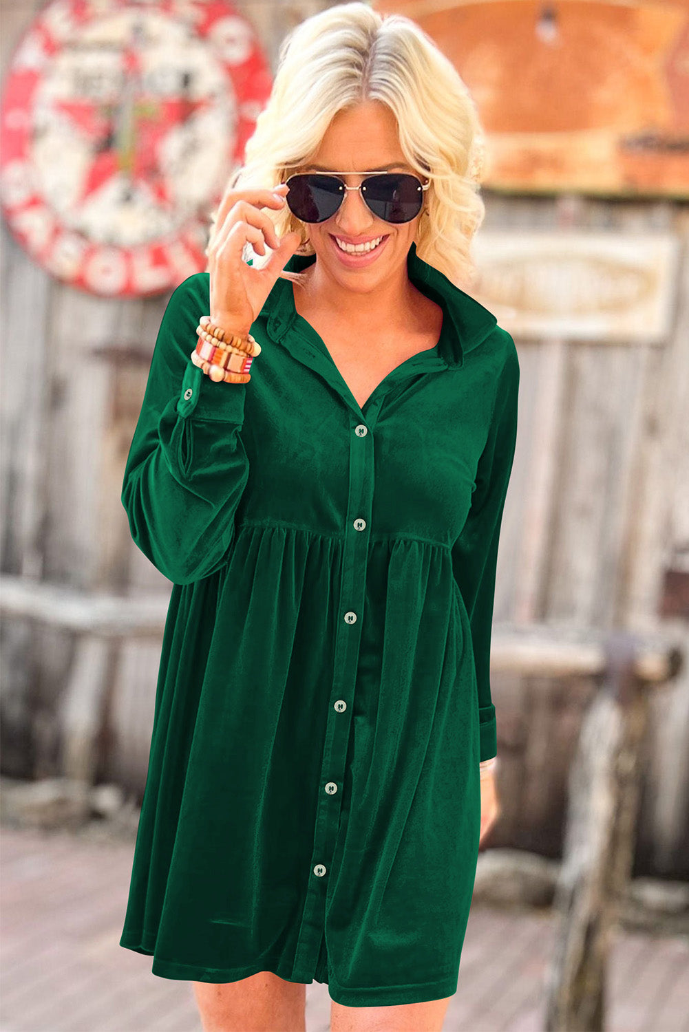 Blue Zone Planet | Green Long Sleeve Ruffle Velvet Button Up Dress-TOPS / DRESSES-[Adult]-[Female]-2022 Online Blue Zone Planet