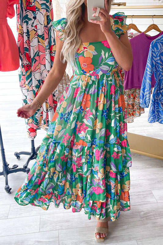 Pink Floral Print Sleeveless Ruffle Tiered Maxi Dress-Dresses/Floral Dresses-[Adult]-[Female]-Green-S-2022 Online Blue Zone Planet