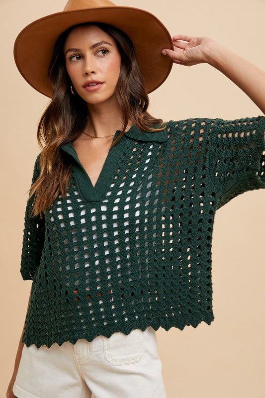 Annie Wear Openwork Johnny Collar Knit Cover Up-TOPS / DRESSES-[Adult]-[Female]-Dark Green-S-2022 Online Blue Zone Planet