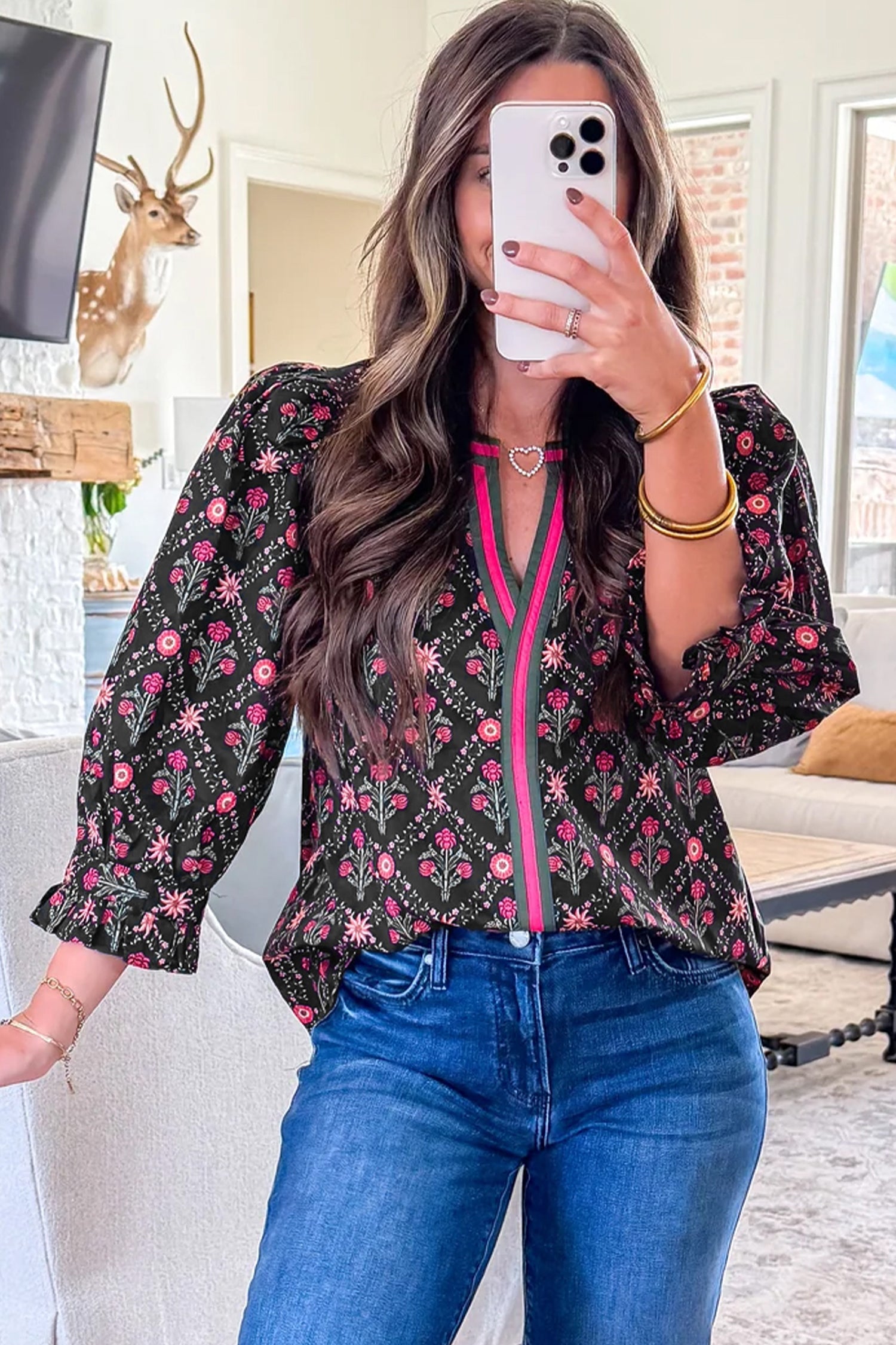 Black Contrast V Neckline Bracelet Sleeve Vintage Floral Blouse-Tops/Blouses & Shirts-[Adult]-[Female]-2022 Online Blue Zone Planet