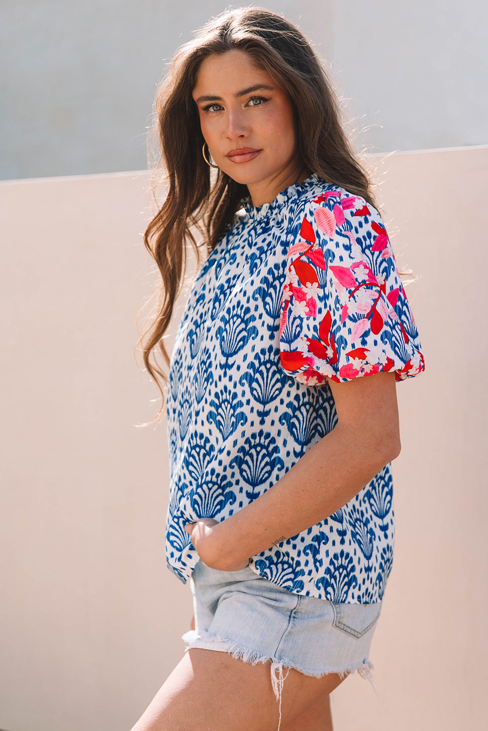 Blue Western Fashion Print Floral Puff Sleeve Frilled Neck Blouse-Tops/Blouses & Shirts-[Adult]-[Female]-2022 Online Blue Zone Planet