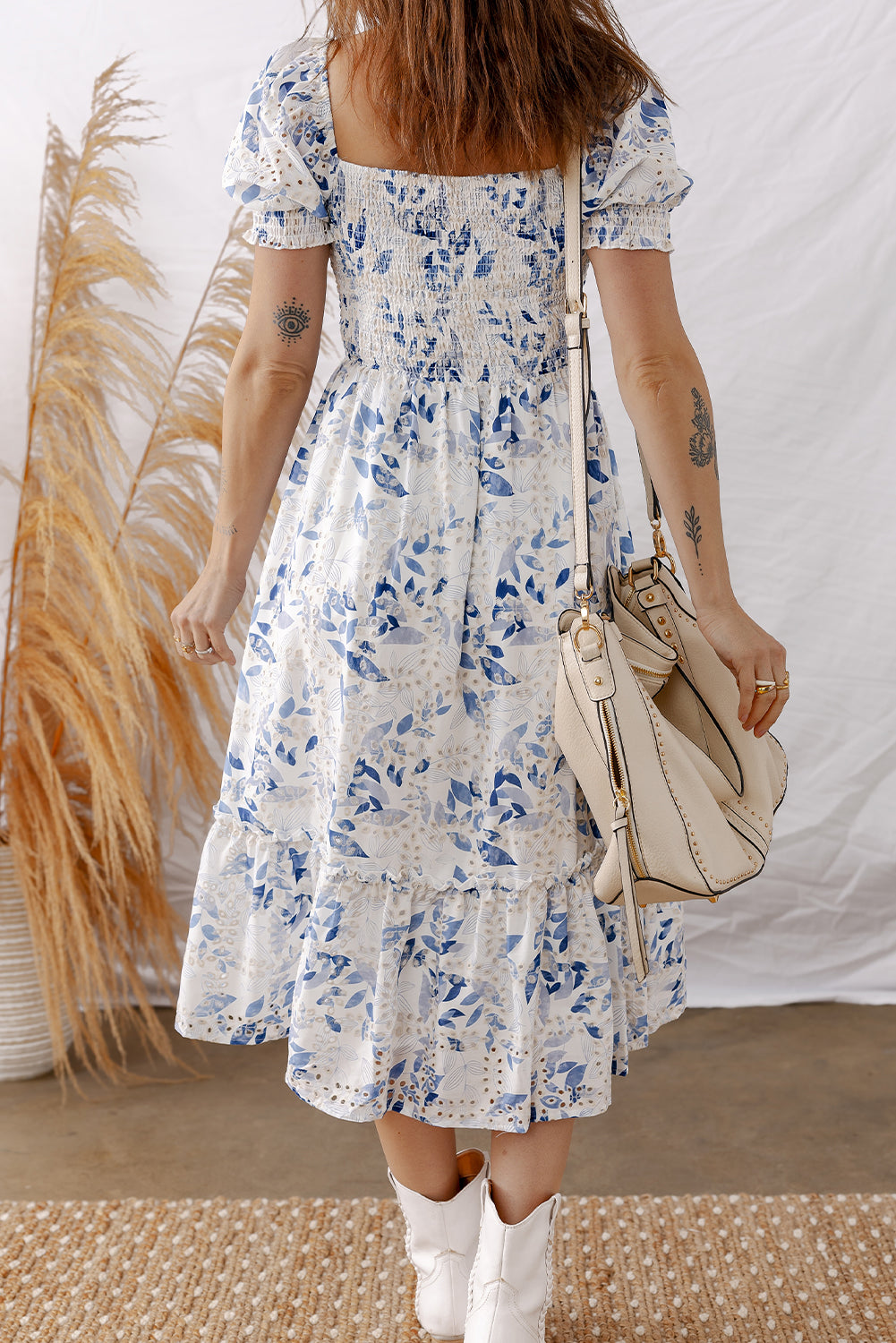 Sky Blue Smocked Bodice Short Puff Sleeve Tiered Floral Midi Dress-TOPS / DRESSES-[Adult]-[Female]-2022 Online Blue Zone Planet