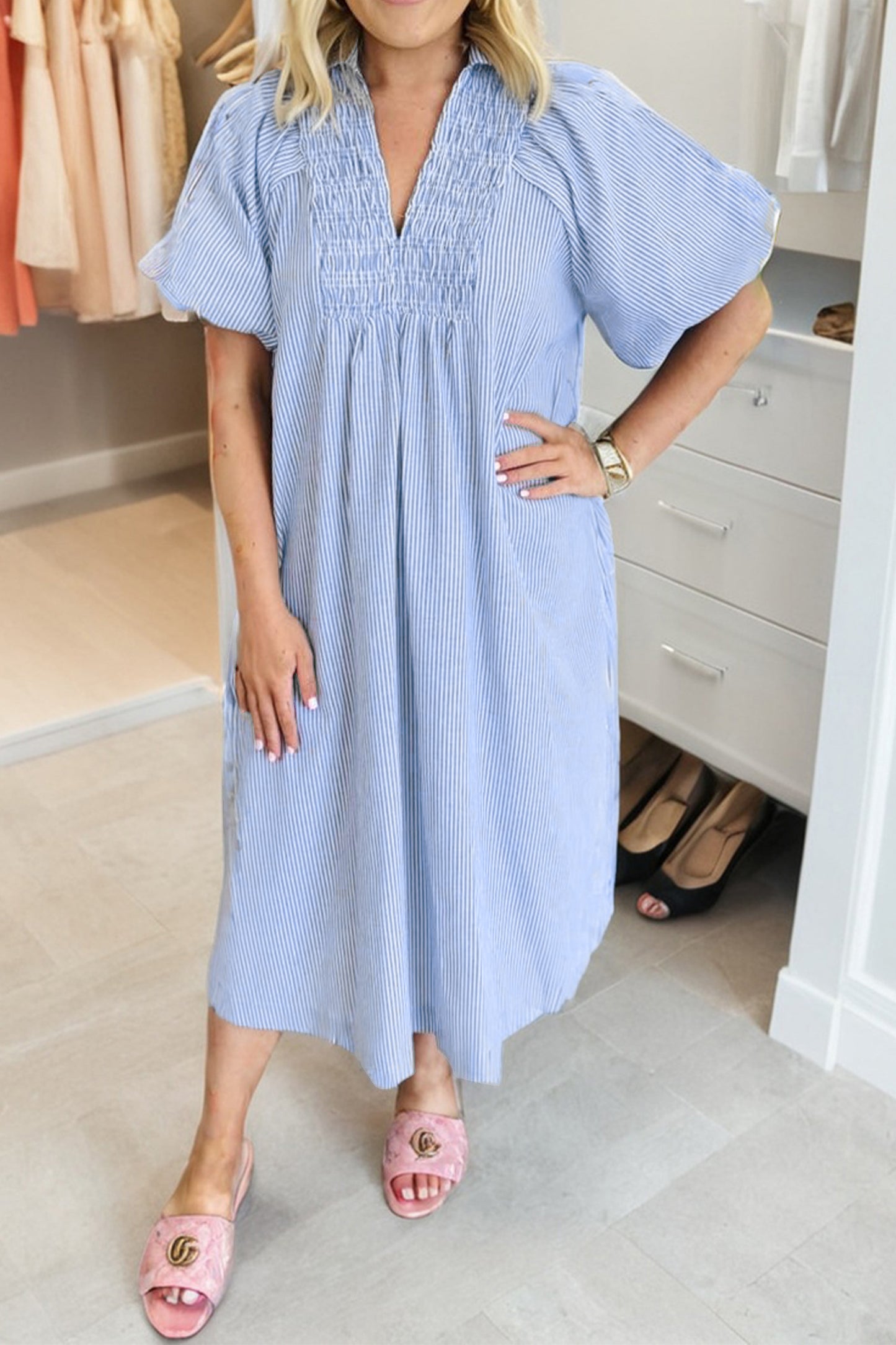 Sky Blue Stripe Shirred Detail Collar V Neck Plus Size Midi Dress-TOPS / DRESSES-[Adult]-[Female]-2022 Online Blue Zone Planet