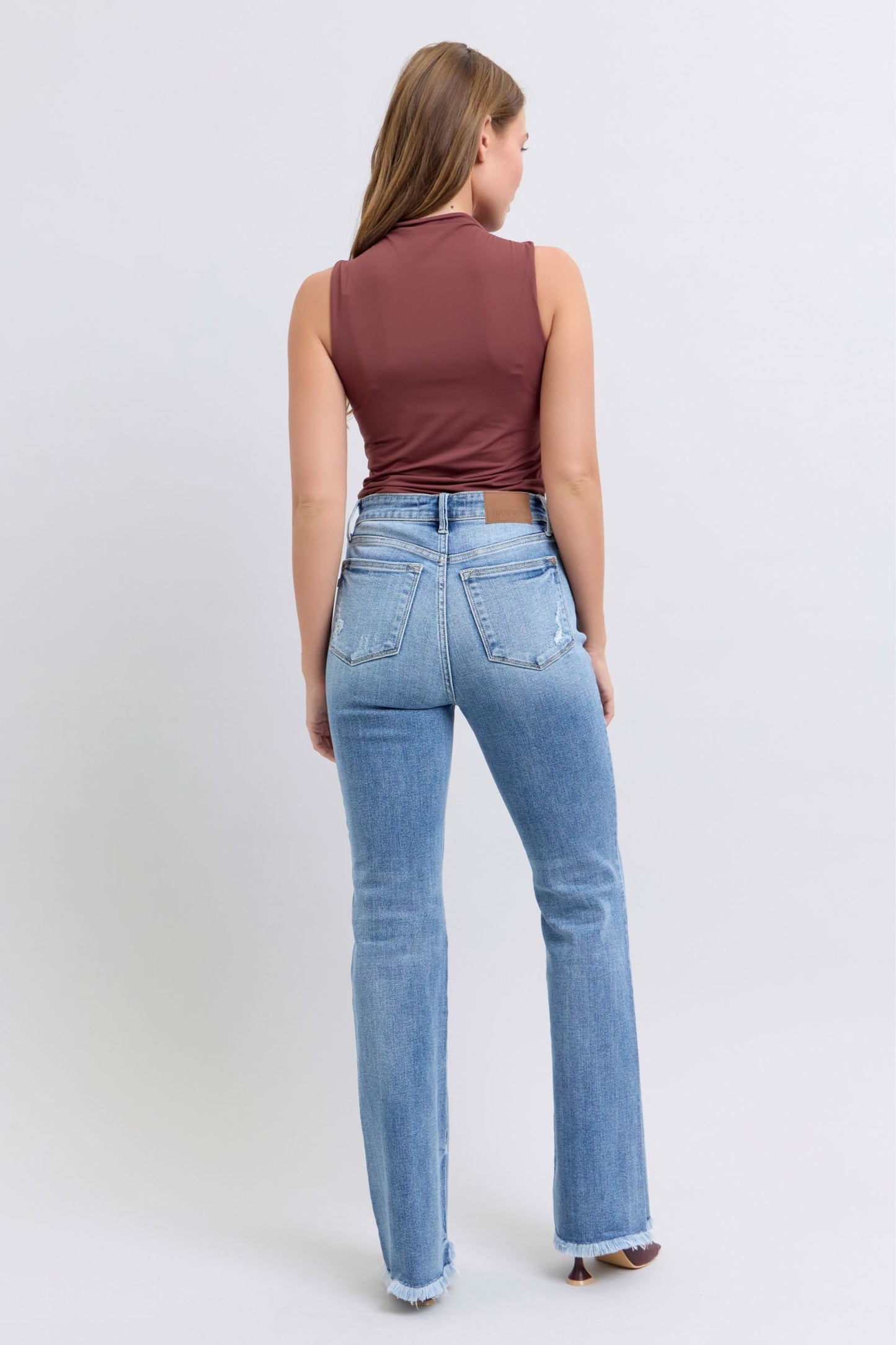 Blue Zone Planet | Judy Blue Full Size Raw Hem High Rise Bootcut Jeans-BOTTOM SIZES SMALL MEDIUM LARGE-[Adult]-[Female]-2022 Online Blue Zone Planet