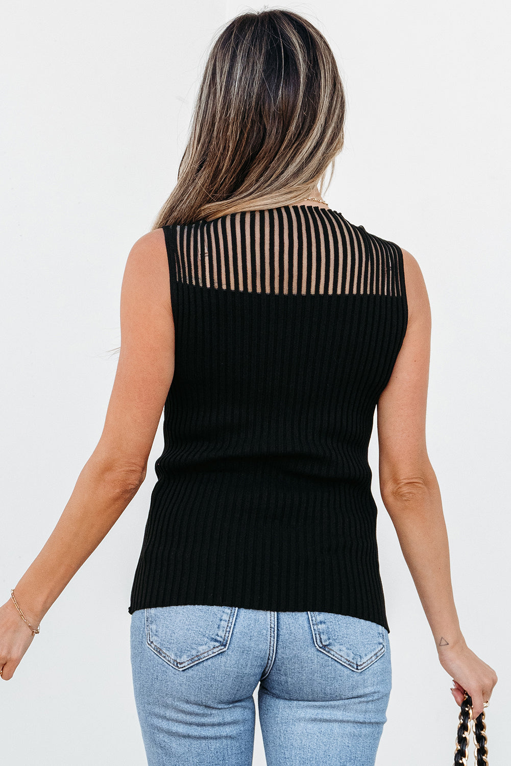 Black Ribbed Texture Mesh Cutout Knitted Sweater Vest-Sweaters & Cardigans/Sweater Vests-[Adult]-[Female]-2022 Online Blue Zone Planet