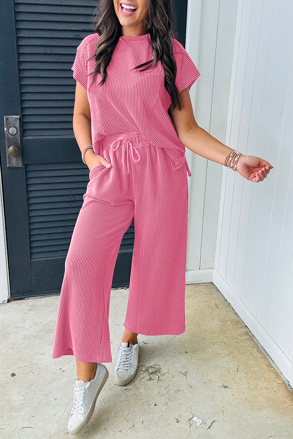 Blue Zone Planet | Wild Wind Solid Corded Knit Short Sleeve T Shirt and Wide Leg Pants Set-Two Piece Sets/Pant Sets-[Adult]-[Female]-Bright Pink-S-2022 Online Blue Zone Planet