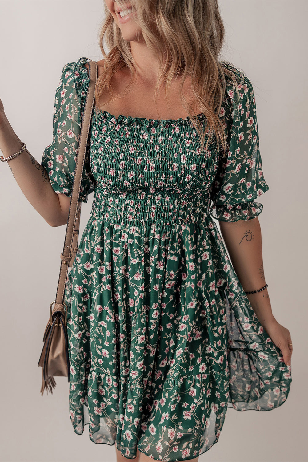 Green Smocked Square Neck Puff Short Sleeve Floral Dress-TOPS / DRESSES-[Adult]-[Female]-2022 Online Blue Zone Planet