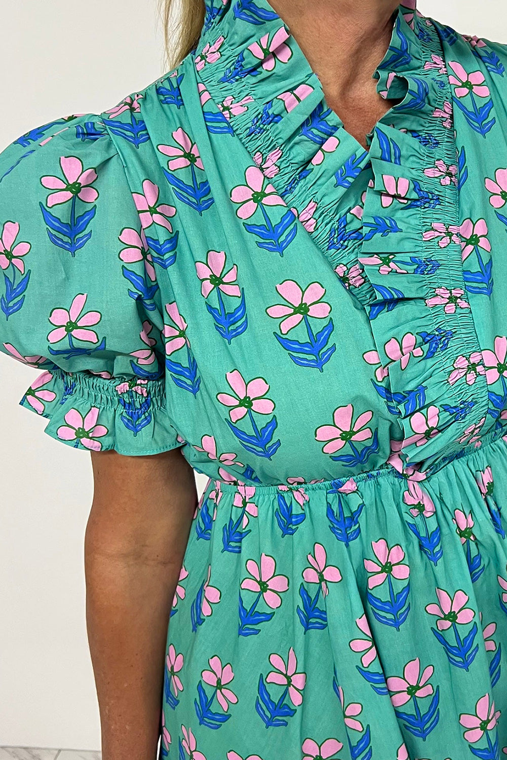Green Floral Print Frilly Smocked Detail High Waist Mini Dress-TOPS / DRESSES-[Adult]-[Female]-2022 Online Blue Zone Planet
