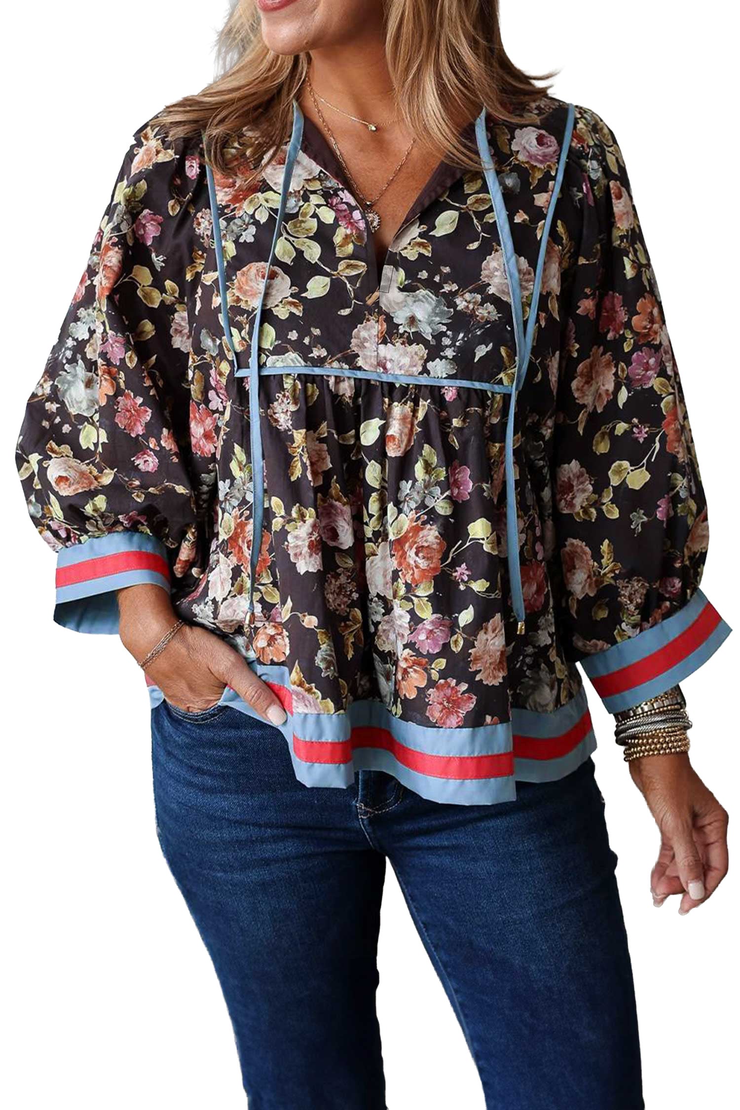Black Floral Print Contrast Trim Tie V Neck Bracelet Sleeve Blouse-Tops/Blouses & Shirts-[Adult]-[Female]-2022 Online Blue Zone Planet