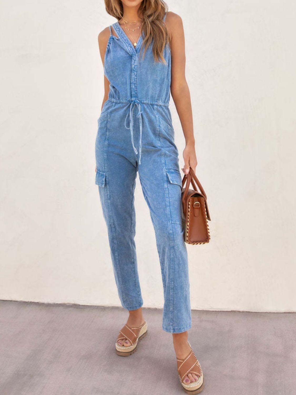 V-Neck Sleeveless Denim Jumpsuit-TOPS / DRESSES-[Adult]-[Female]-2022 Online Blue Zone Planet