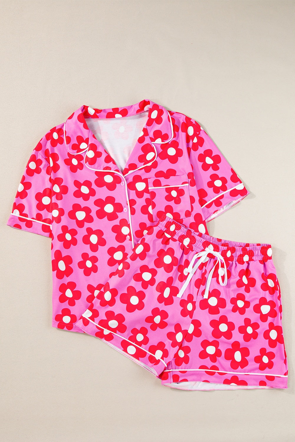 Pocketed Flower Half Sleeve Top and Shorts Lounge Set-TOPS / DRESSES-[Adult]-[Female]-Hot Pink-S-2022 Online Blue Zone Planet