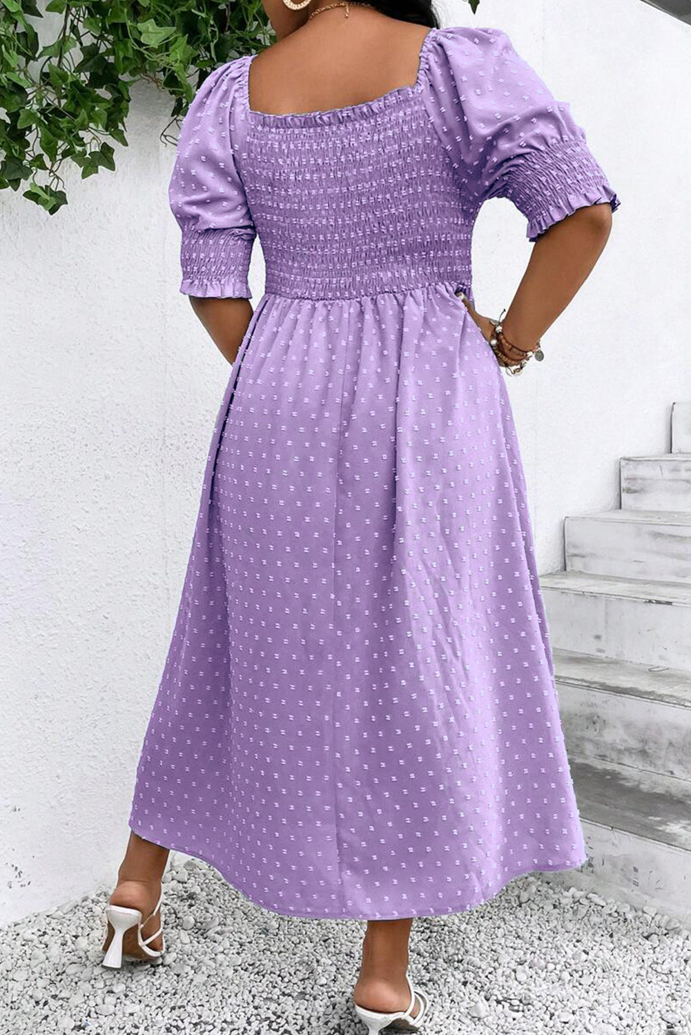 Wisteria Swiss Dot Smocked Frilled Neckline Short Sleeve Plus Size Dress-TOPS / DRESSES-[Adult]-[Female]-2022 Online Blue Zone Planet