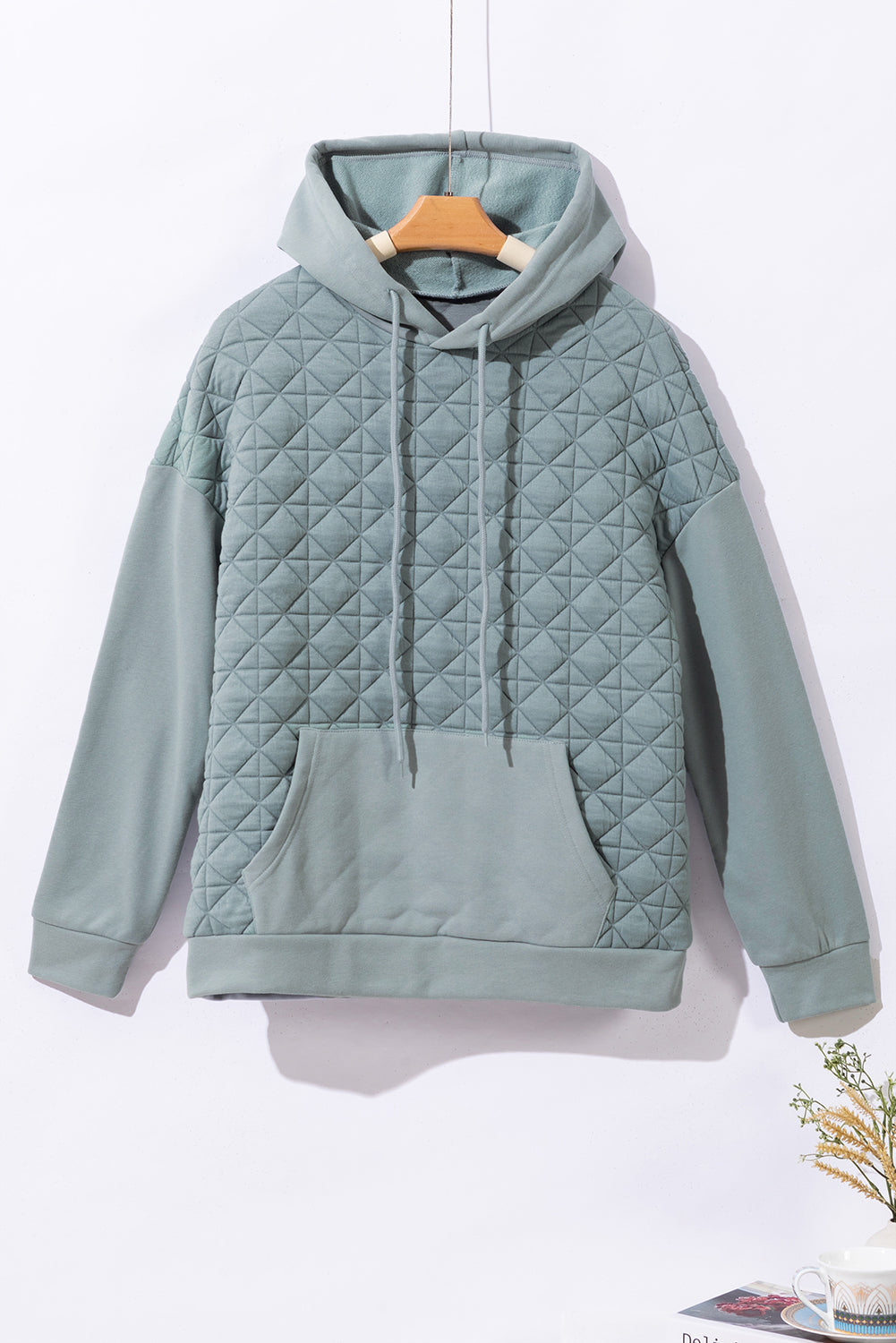 Light Grey Drop Shoulder Quilted Patchwork Kangaroo Pocket Hoodie-Tops/Sweatshirts & Hoodies-[Adult]-[Female]-2022 Online Blue Zone Planet