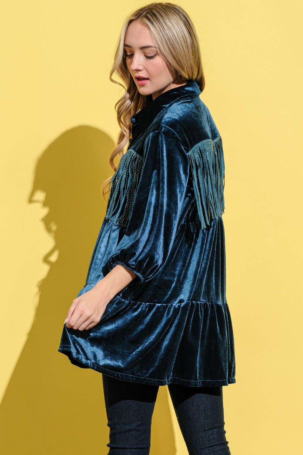 And The Why Fringe Detailed Velvet Shirt Dress-TOPS / DRESSES-[Adult]-[Female]-2022 Online Blue Zone Planet