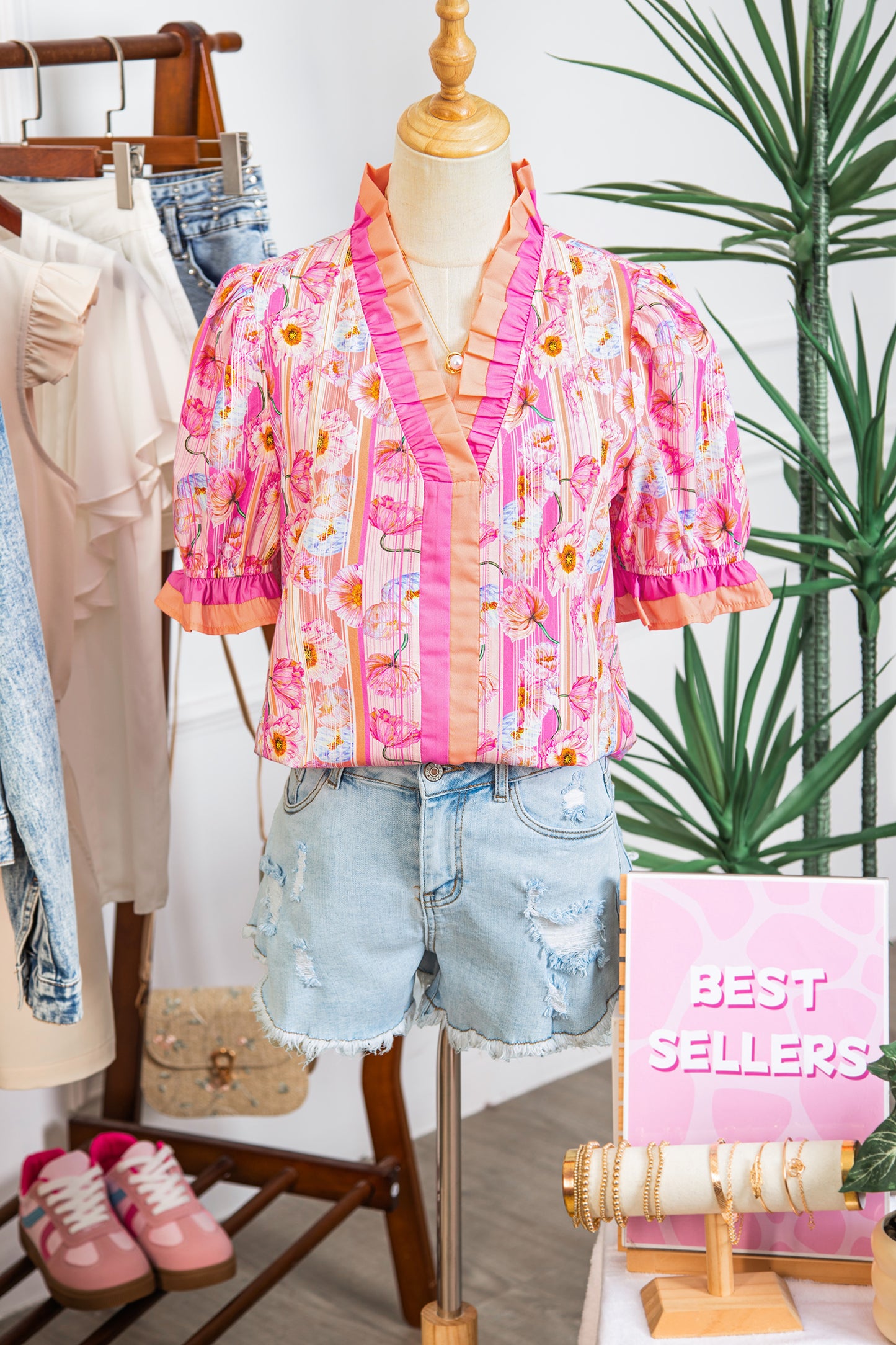 Pink Poppy Flower Striped Print Color Block Trim V Neck Short Sleeve Blouse-Tops/Blouses & Shirts-[Adult]-[Female]-2022 Online Blue Zone Planet