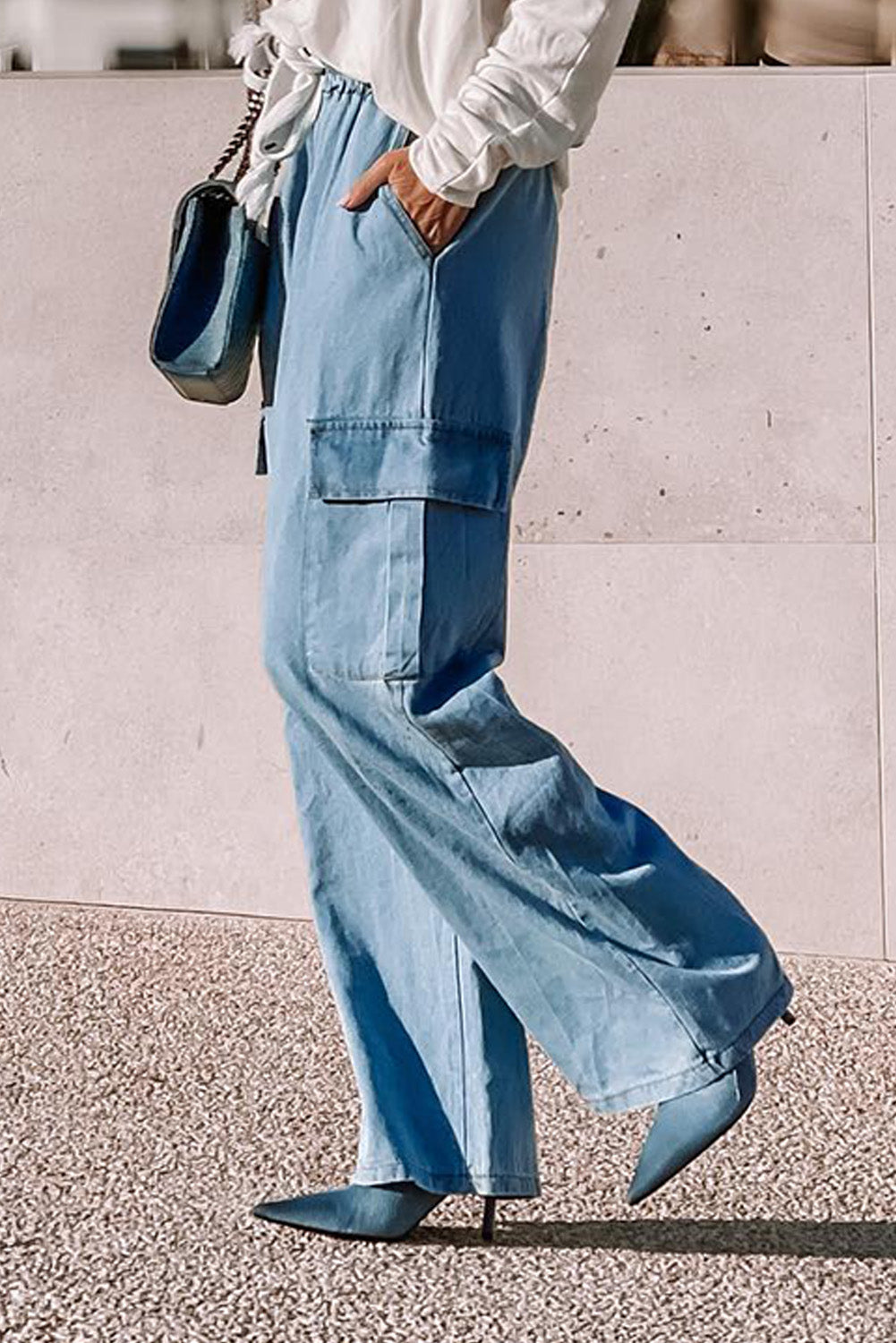 Drawstring Cargo Pocket Wide Leg Jeans-BOTTOMS SIZES SMALL MEDIUM LARGE-[Adult]-[Female]-2022 Online Blue Zone Planet