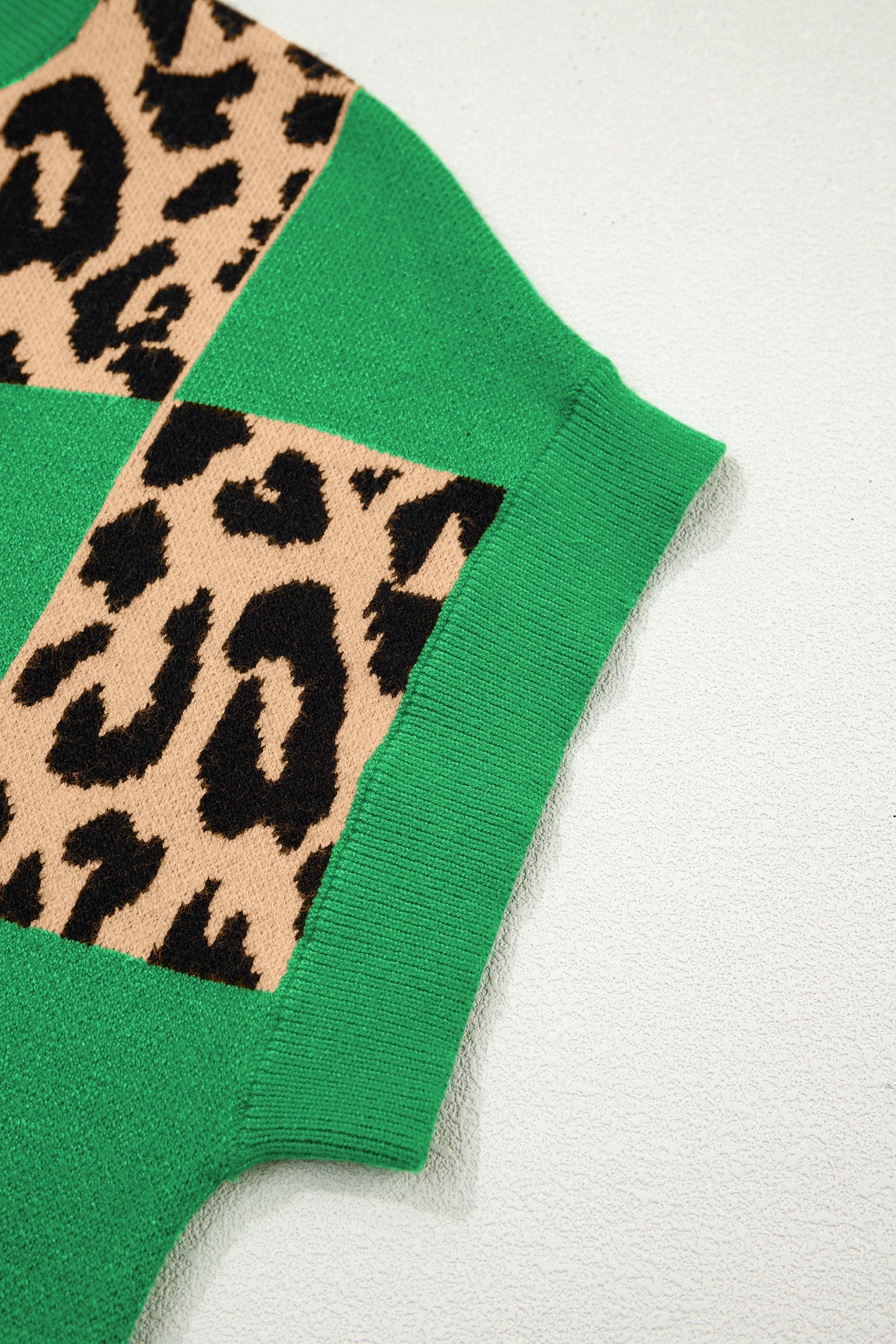 Green Leopard Checkerboard Short Sleeve Knit Sweater-TOPS / DRESSES-[Adult]-[Female]-2022 Online Blue Zone Planet