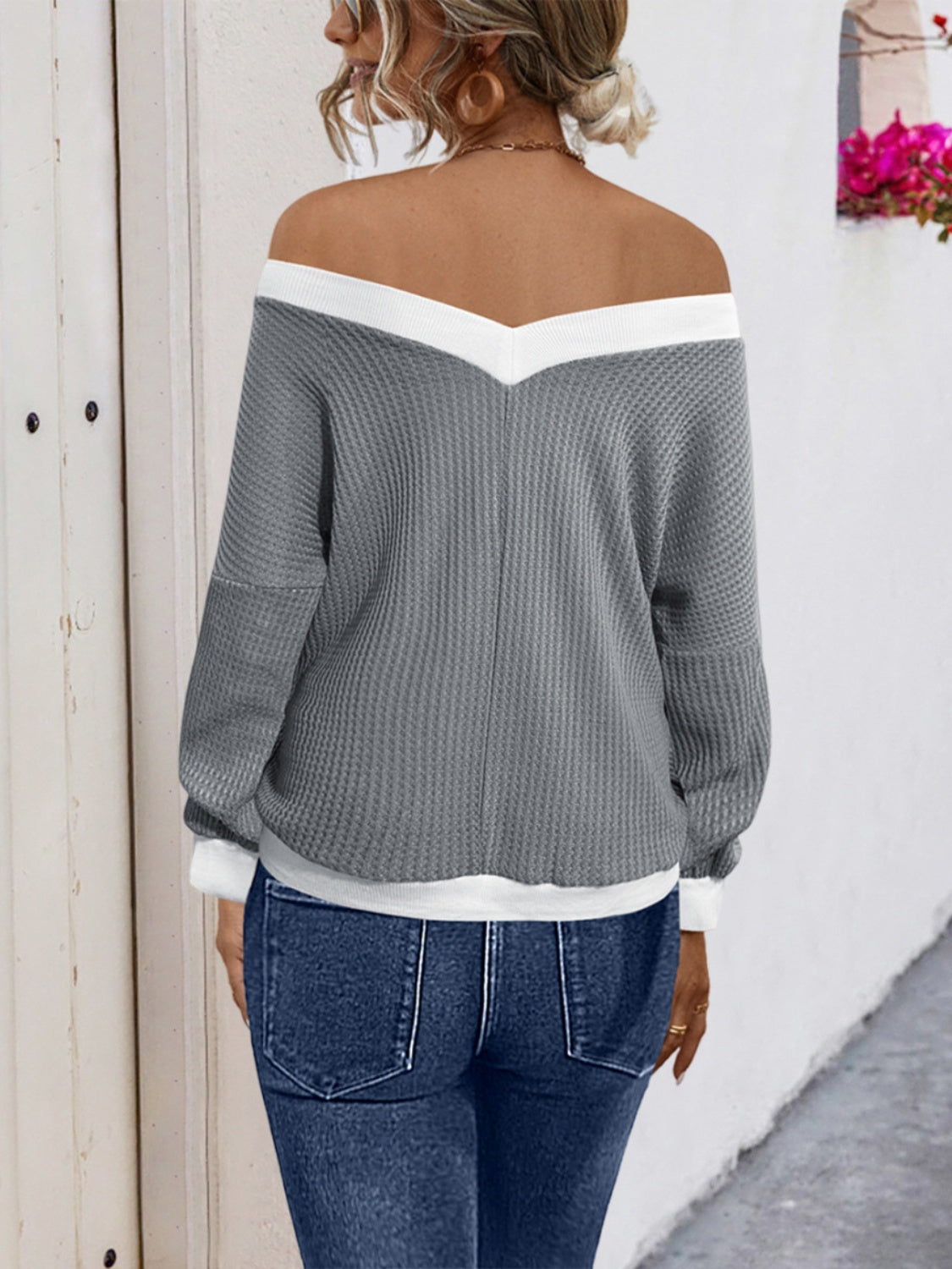 Contrast Trim Off-Shoulder Long Sleeve Sweatshirt-TOPS / DRESSES-[Adult]-[Female]-2022 Online Blue Zone Planet