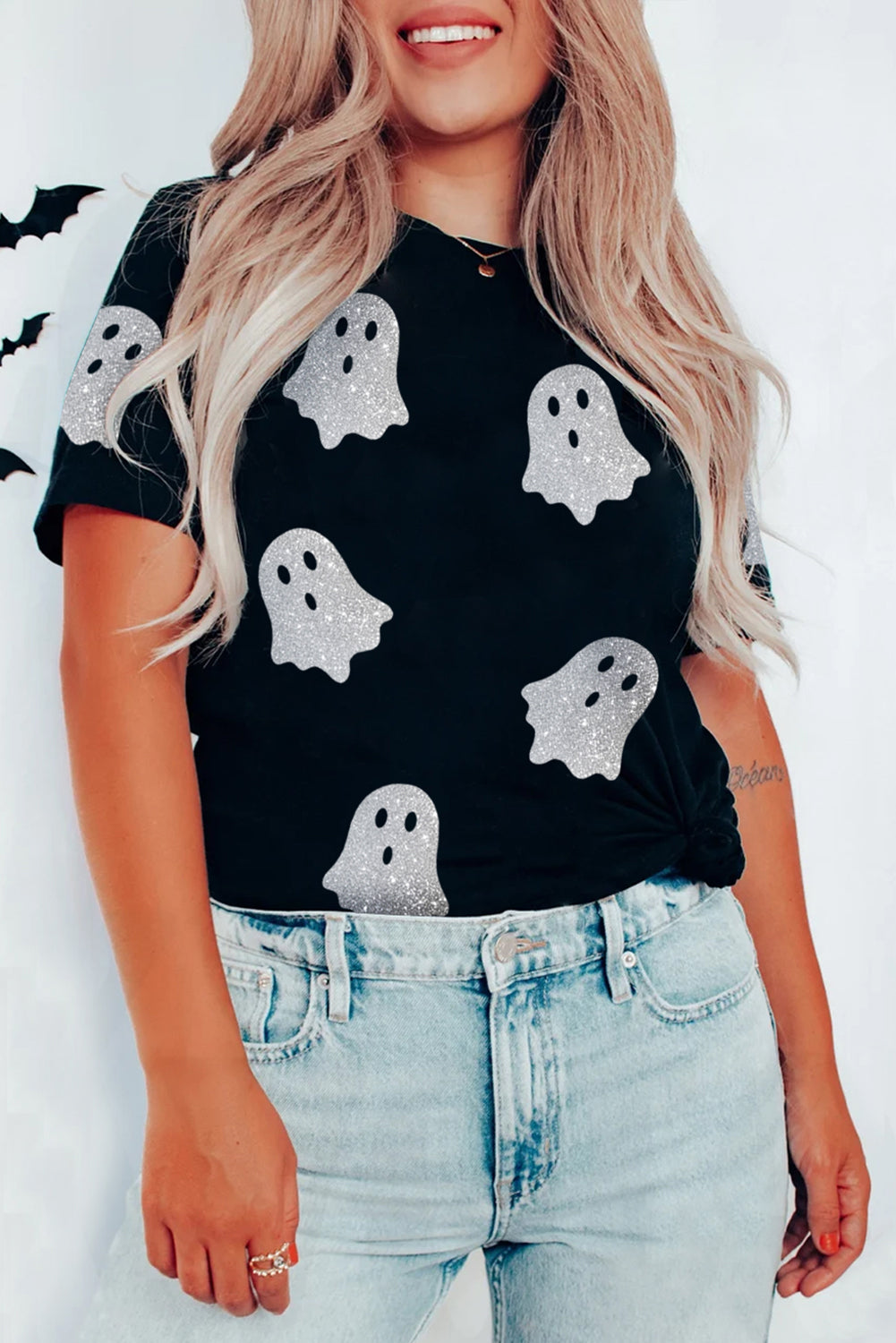 Black Glitter Ghost Pattern Crew Neck Halloween T Shirt-Graphic/Graphic Tees-[Adult]-[Female]-Black-S-2022 Online Blue Zone Planet