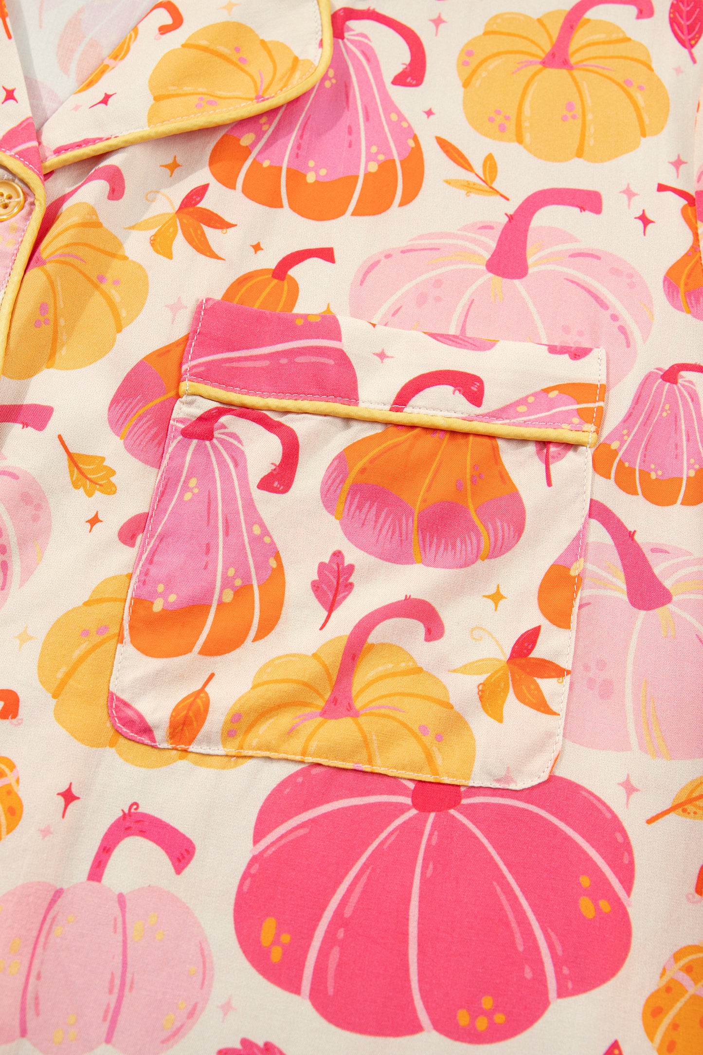 Pink Short Sleeve Pumpkin Print Pocket Placket Shell Button Lounge Set-Loungewear & Sleepwear/Loungewear-[Adult]-[Female]-2022 Online Blue Zone Planet
