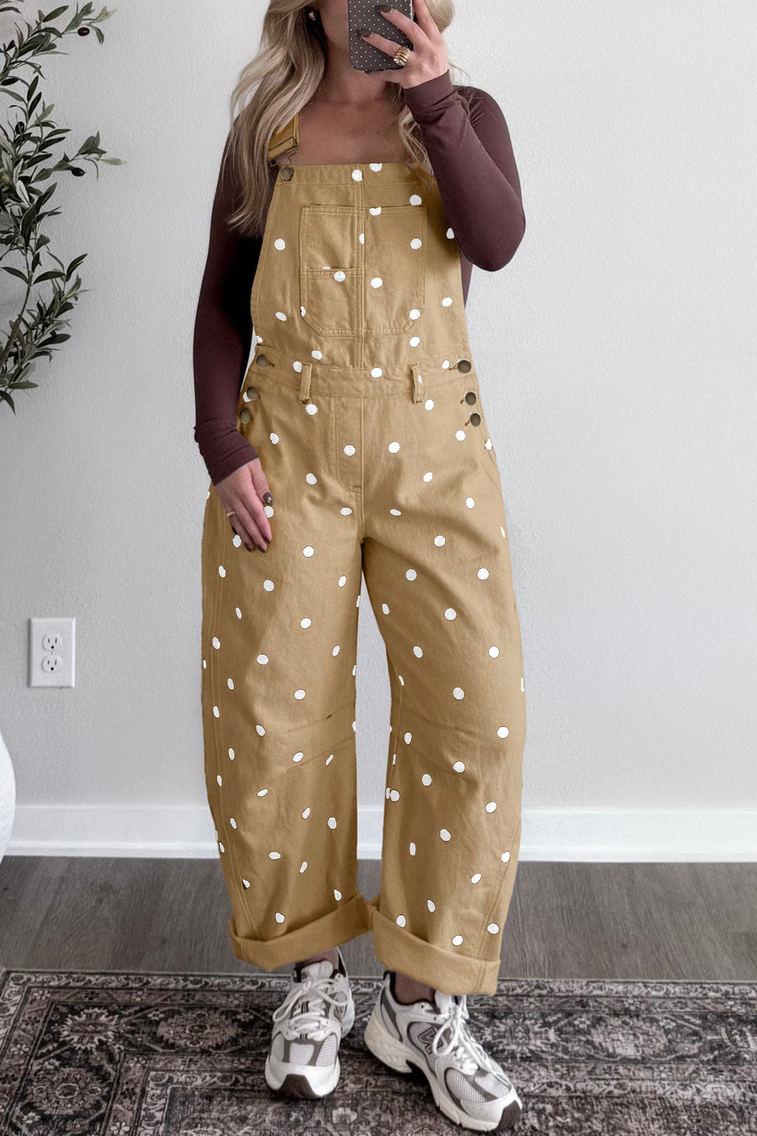 Jet Stream Polka Dot Print Bib Pocket Denim Barrel Overalls Jumpsuit-Bottoms/Jumpsuits & Rompers-[Adult]-[Female]-2022 Online Blue Zone Planet