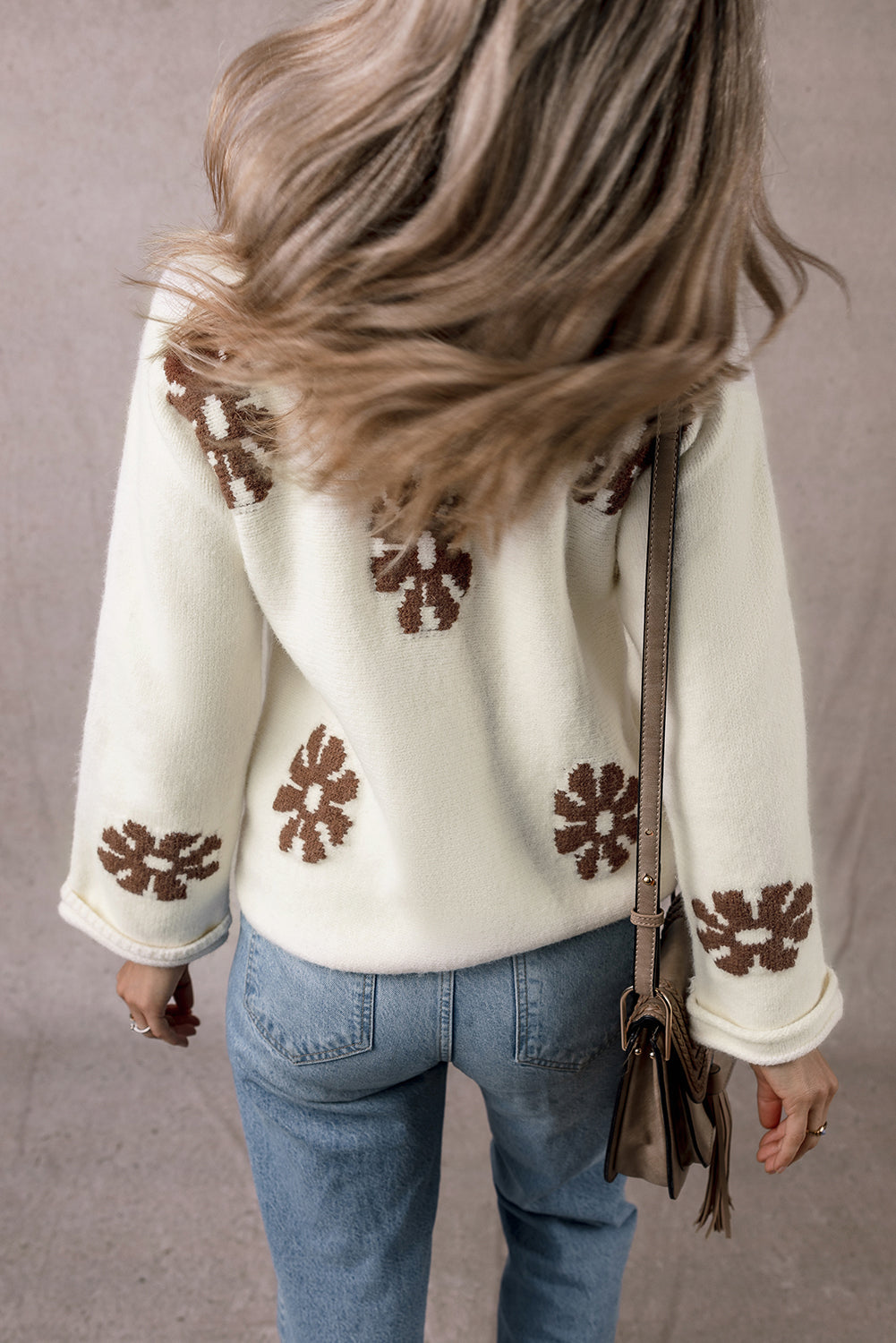 White Colorblock Floral Pattern Round Neck Sweater-Sweaters & Cardigans/Sweaters-[Adult]-[Female]-2022 Online Blue Zone Planet