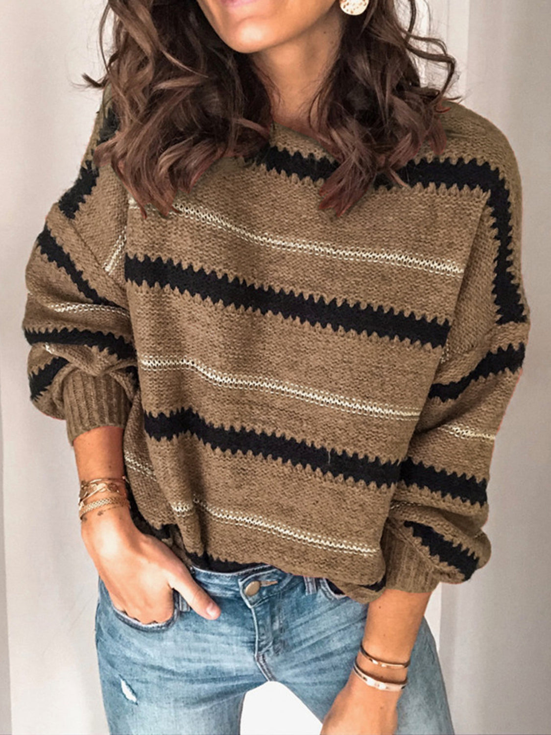 Contrast Striped Round Neck Long Sleeve Sweater-TOPS / DRESSES-[Adult]-[Female]-Taupe-S-2022 Online Blue Zone Planet