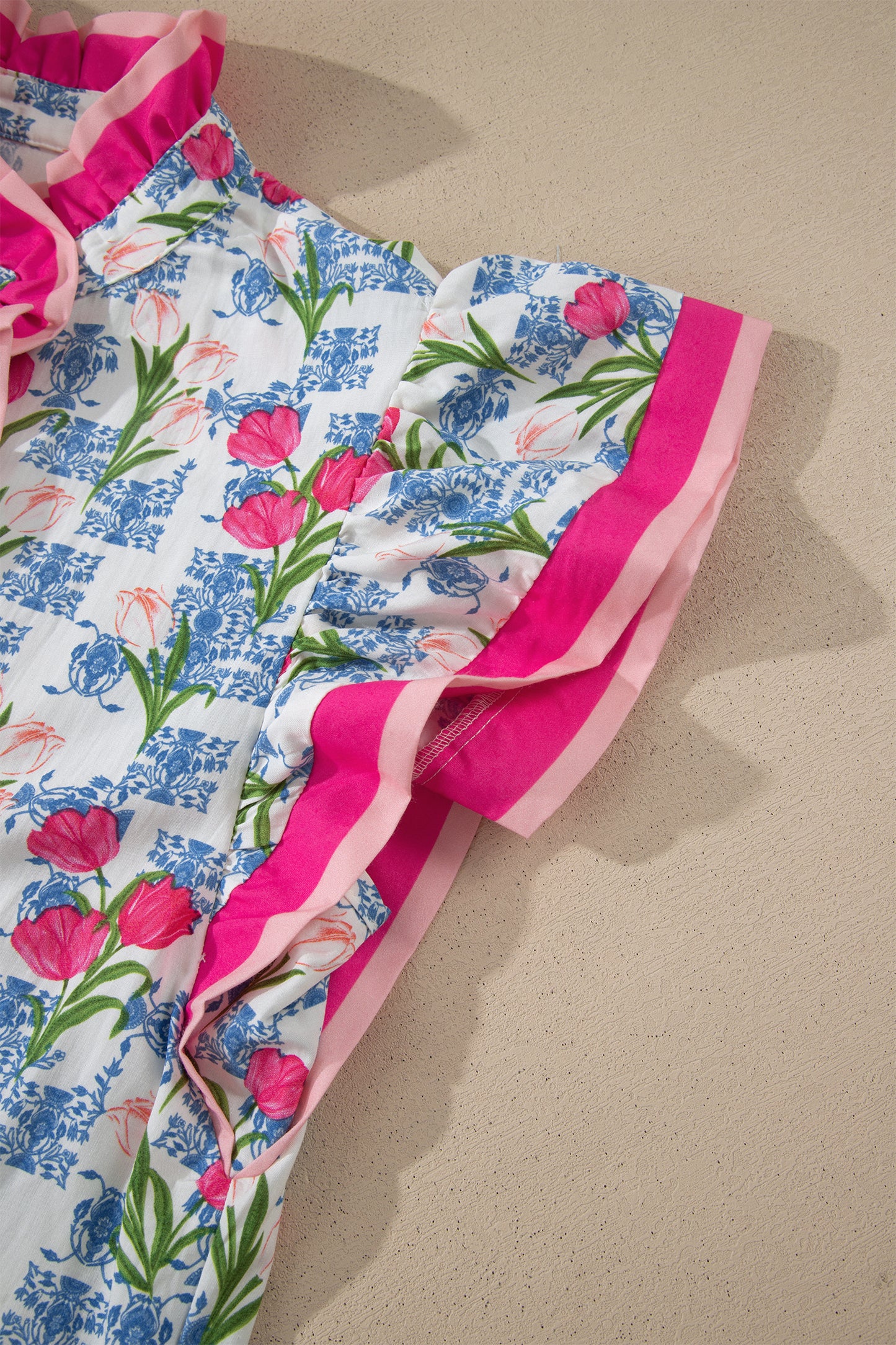 Rose Floral Print Color Block Striped Trim Flutter Sleeve Half Button Blouse-Tops/Blouses & Shirts-[Adult]-[Female]-2022 Online Blue Zone Planet
