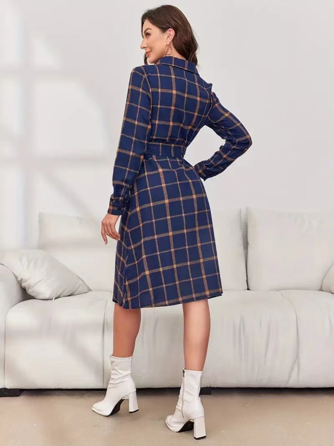 Plaid Tie Waist Long Sleeve Dress-TOPS / DRESSES-[Adult]-[Female]-2022 Online Blue Zone Planet