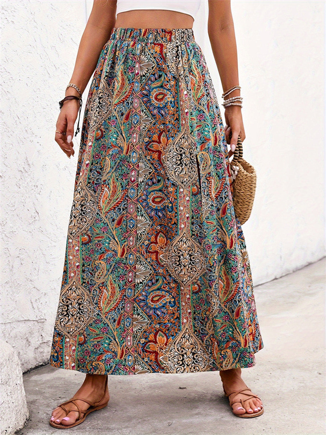 Slit Printed Elastic Waist Skirt-[Adult]-[Female]-2022 Online Blue Zone Planet