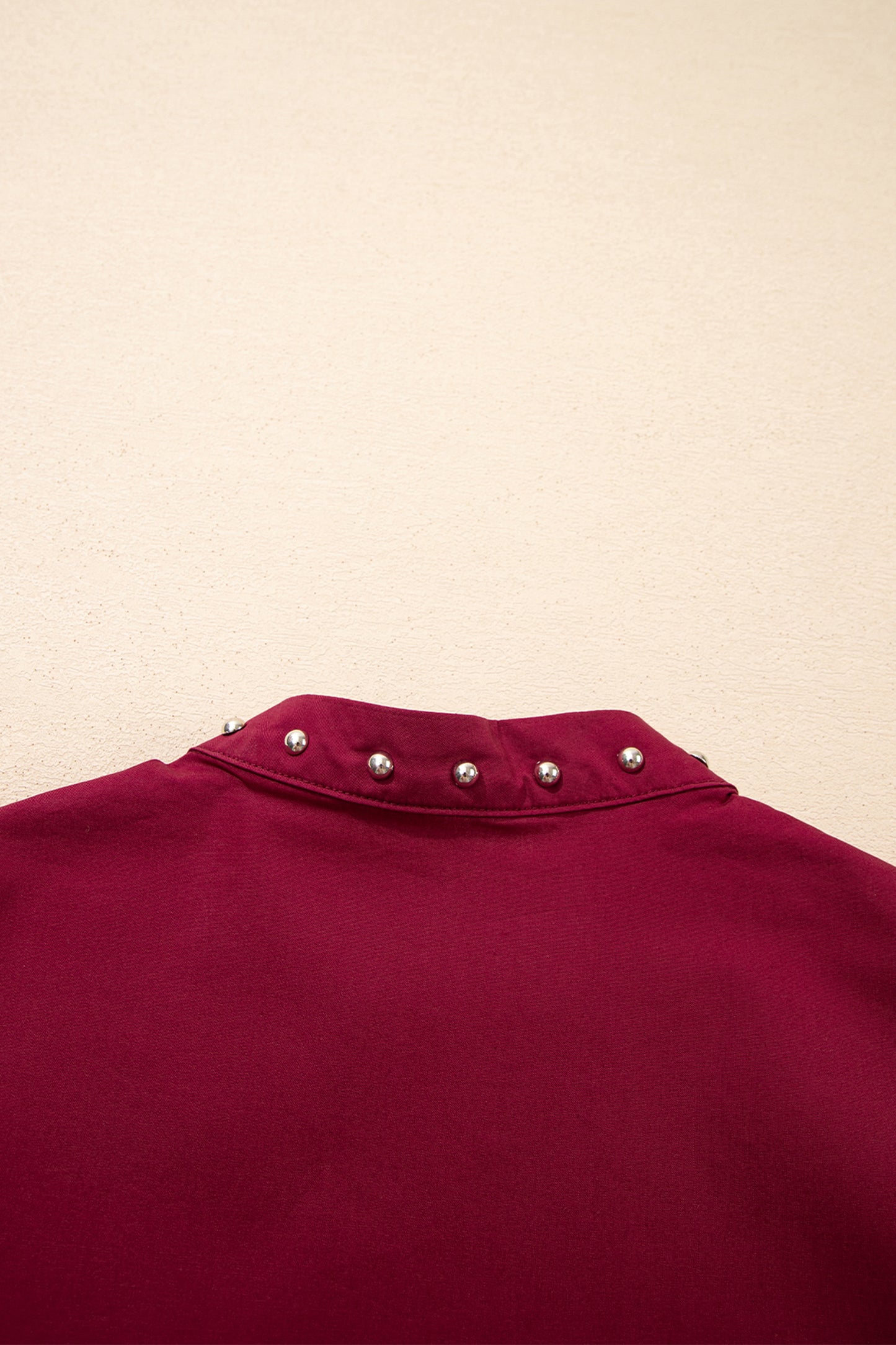 Burgundy Rivet Embellished V Neck Short Puff Sleeve Blouse-Tops/Blouses & Shirts-[Adult]-[Female]-2022 Online Blue Zone Planet