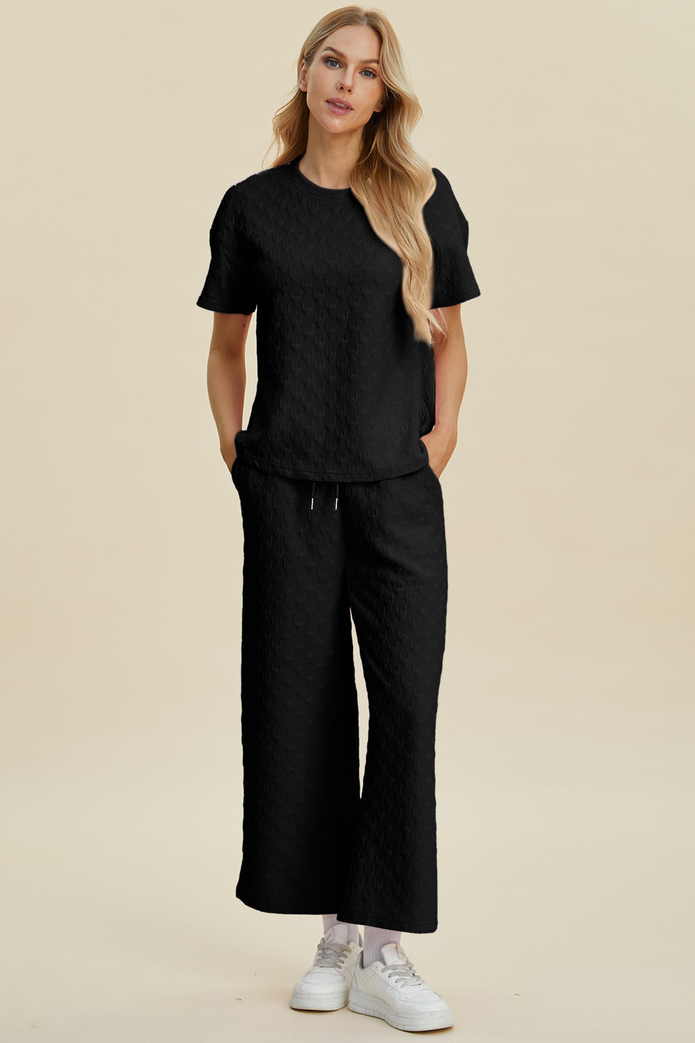 Blue Zone Planet | Double Take Full Size Texture Round Neck Short Sleeve Top and Pants Set-TOPS / DRESSES-[Adult]-[Female]-Black-S-2022 Online Blue Zone Planet