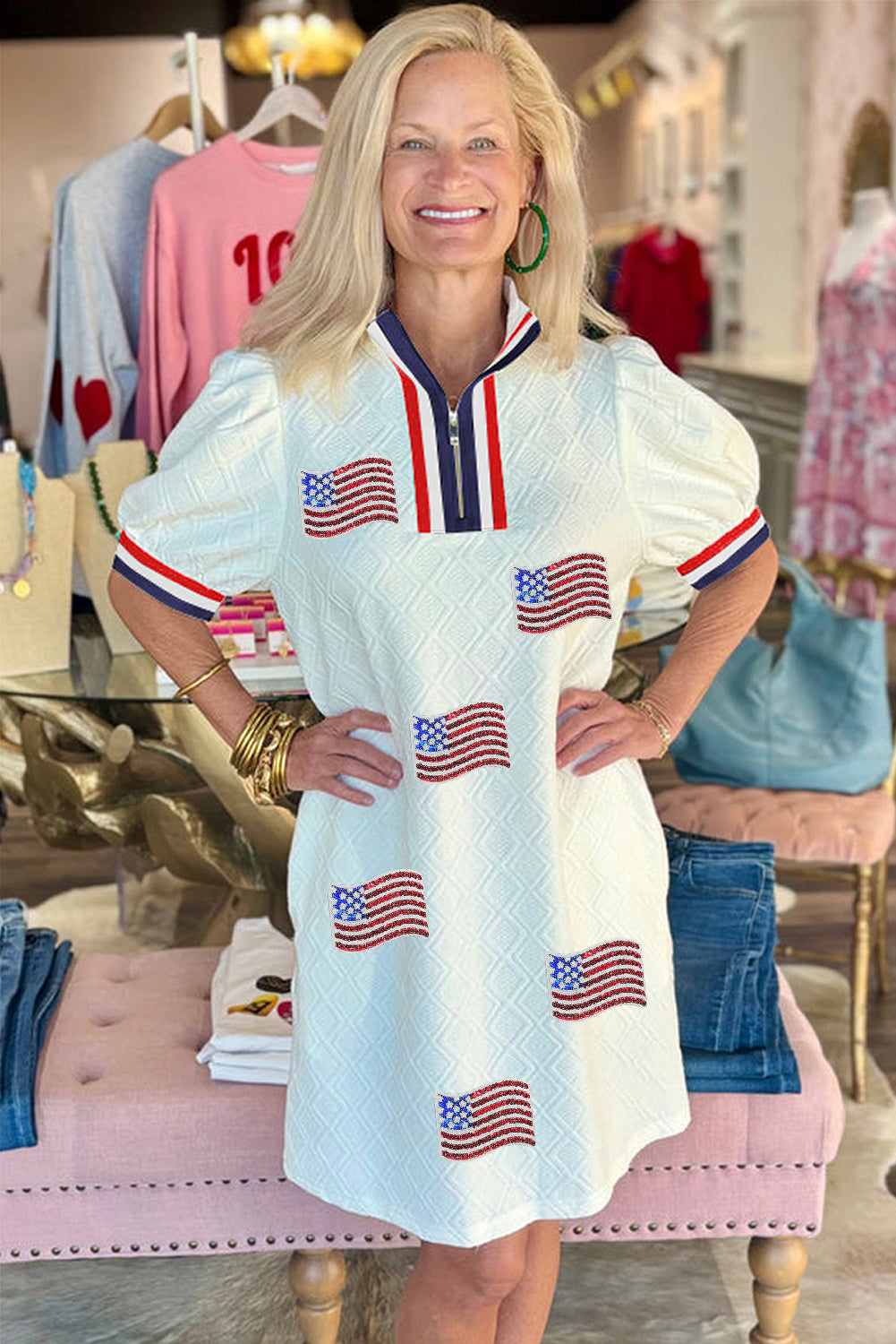 White Textured Contrast Striped Detail Sequin USA Flag Patched Mini Dress-Graphic Apparel-[Adult]-[Female]-2022 Online Blue Zone Planet