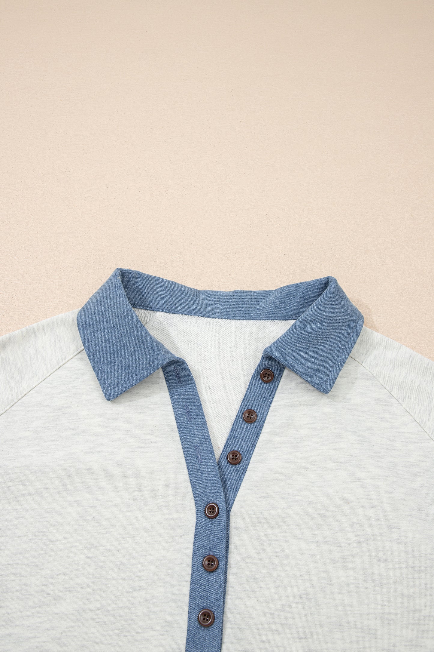 Light Grey Denim Patchwork Buttoned Polo Collar Long Sleeve Top-Tops/Long Sleeve Tops-[Adult]-[Female]-2022 Online Blue Zone Planet