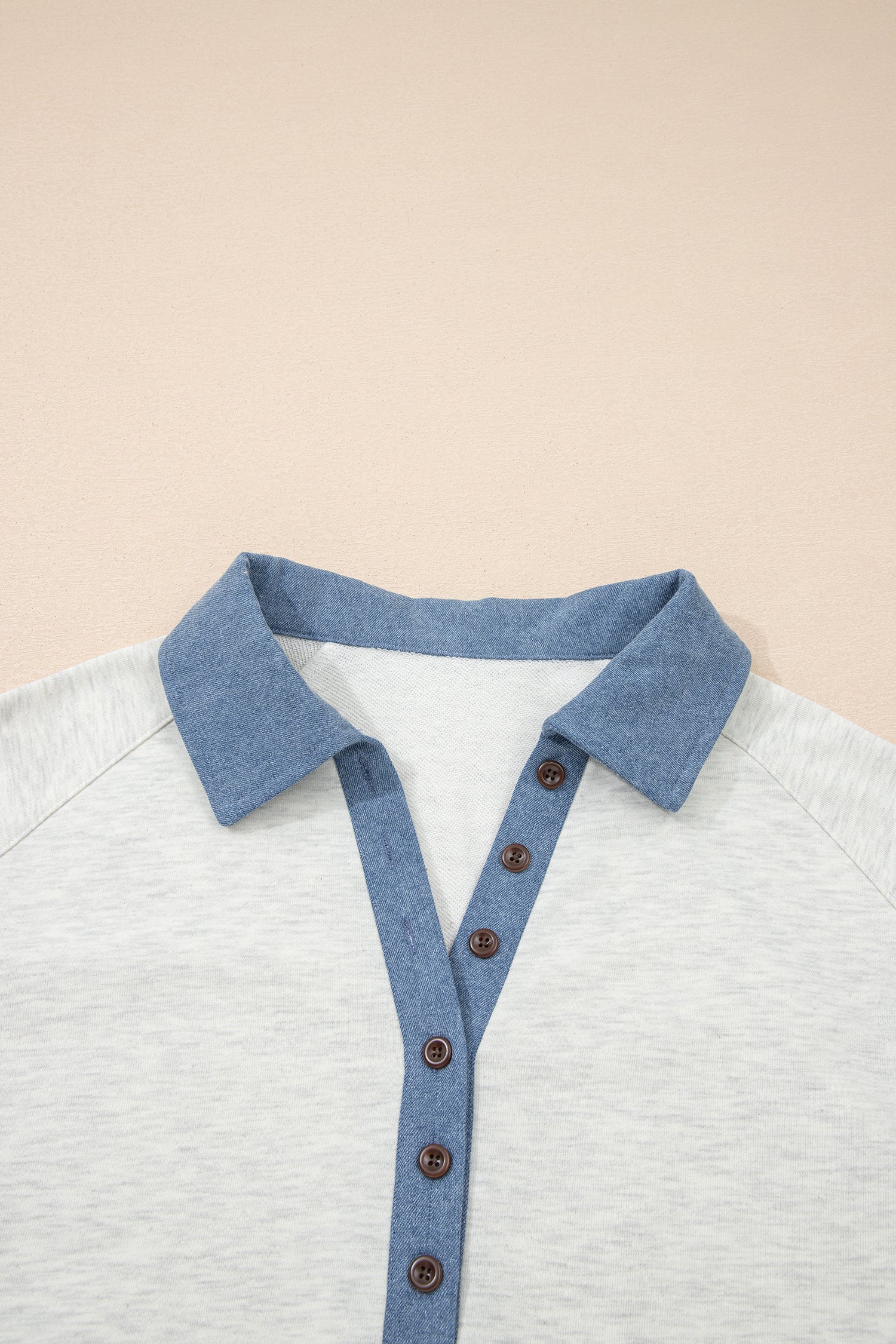 Light Grey Denim Patchwork Buttoned Polo Collar Long Sleeve Top-Tops/Long Sleeve Tops-[Adult]-[Female]-2022 Online Blue Zone Planet