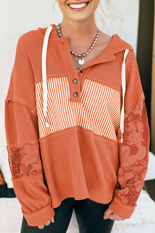 Cinnamon Waffle Printed Patchwork Drawstring Hooded Long Sleeve Top-Tops / Dresses-[Adult]-[Female]-2022 Online Blue Zone Planet