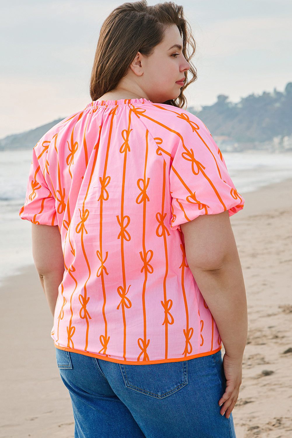 Blue Zone Planet | Rose Bowknot Print Shirred V Neck Puff Sleeve Plus Size Blouse-Plus Size/Plus Size Tops/Plus Size Blouses & Shirts-[Adult]-[Female]-2022 Online Blue Zone Planet