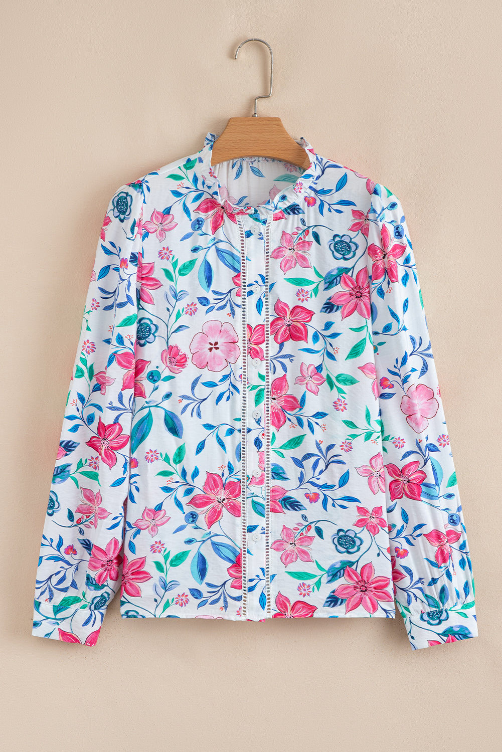 Pink Floral Print Lace Detail Button-Up Long Sleeve Shirt-Tops/Blouses & Shirts-[Adult]-[Female]-2022 Online Blue Zone Planet