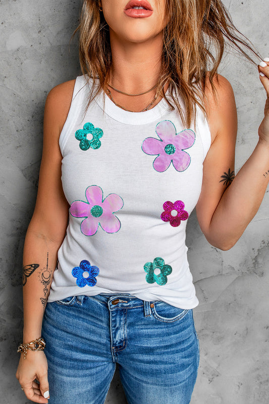 Blue Zone Planet | Sequin Flower Round Neck Tank-TOPS / DRESSES-[Adult]-[Female]-White-M-2022 Online Blue Zone Planet