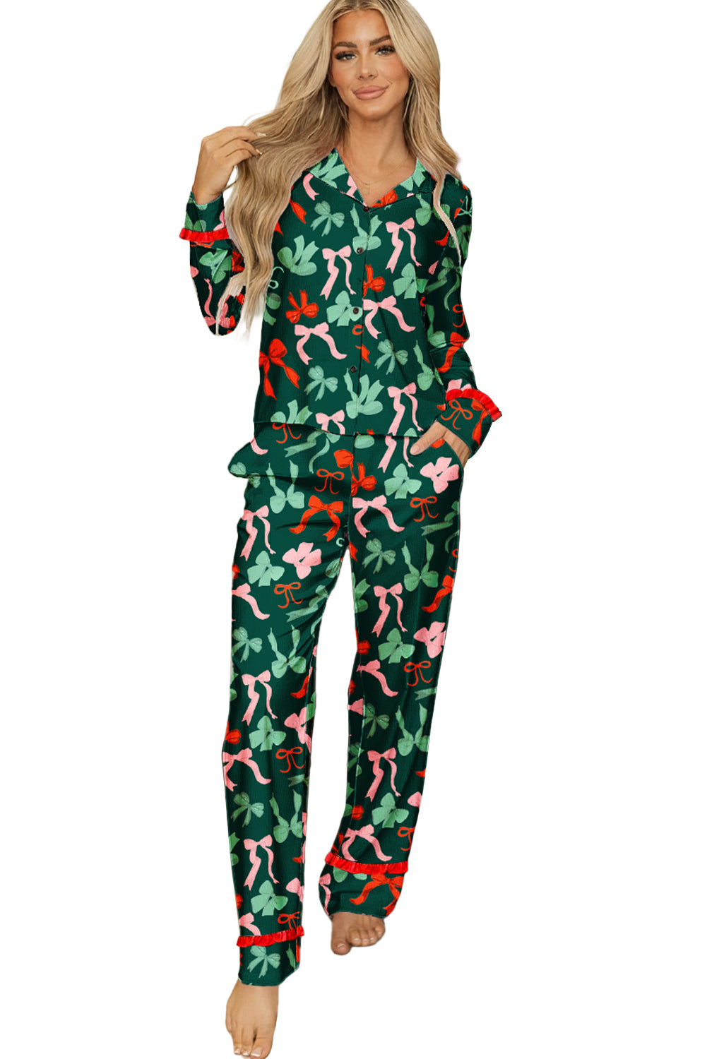 Green Christmas Bow Print Long Sleeve Pajama Set-Loungewear Set-[Adult]-[Female]-2022 Online Blue Zone Planet