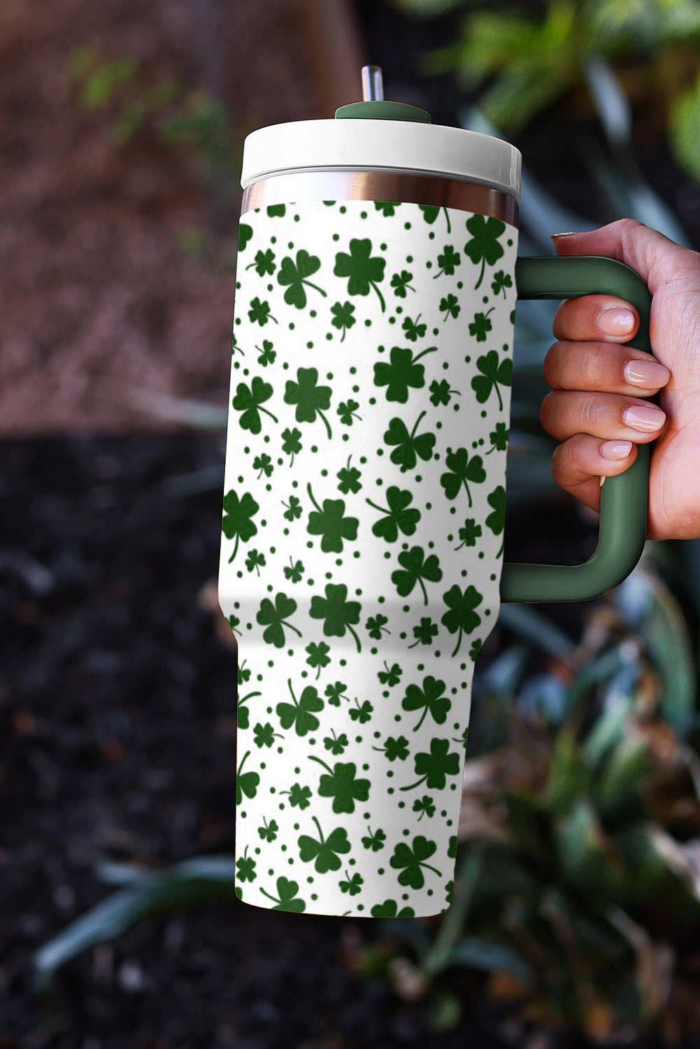Dark Green Clover Print Thermos Cup with Handle 40oz-Accessories/Tumblers-[Adult]-[Female]-2022 Online Blue Zone Planet